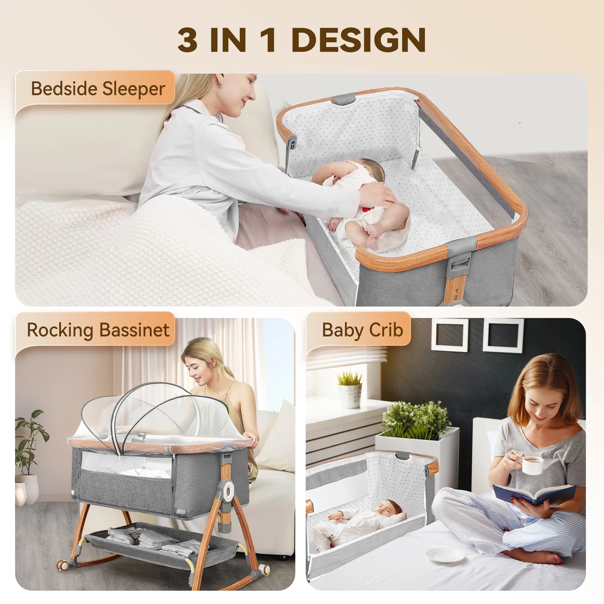 Bassinet Bedside Sleeper, Portable Baby Crib with 6 Adjustable Heights and Breathable Mesh Panels, Foldable, Gray