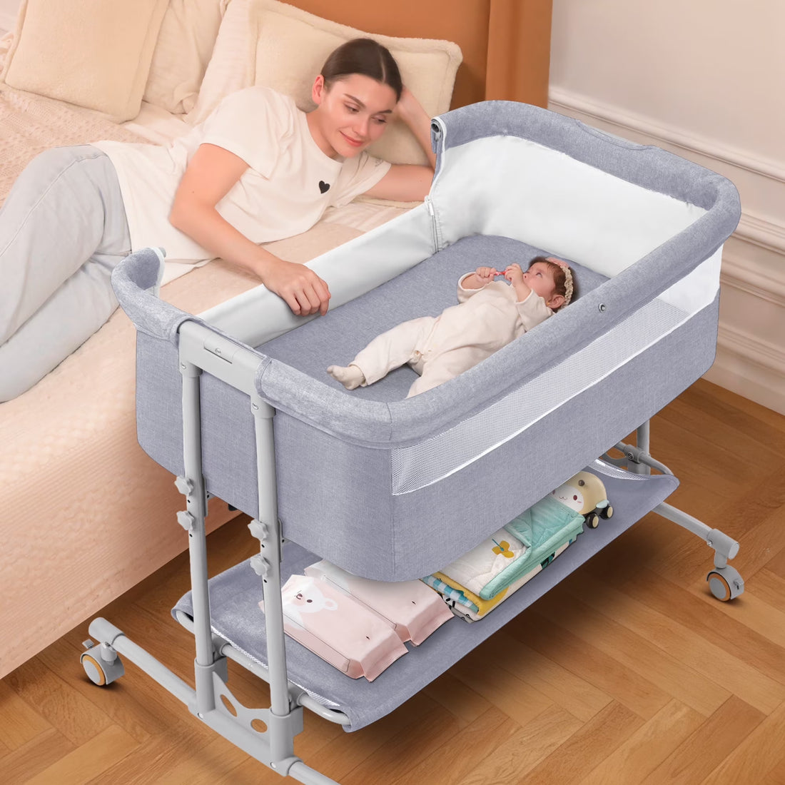 Baby Bassinet Bedside Sleeper Bassinet for 0–5 Months Infants, Unisex, Light Grey