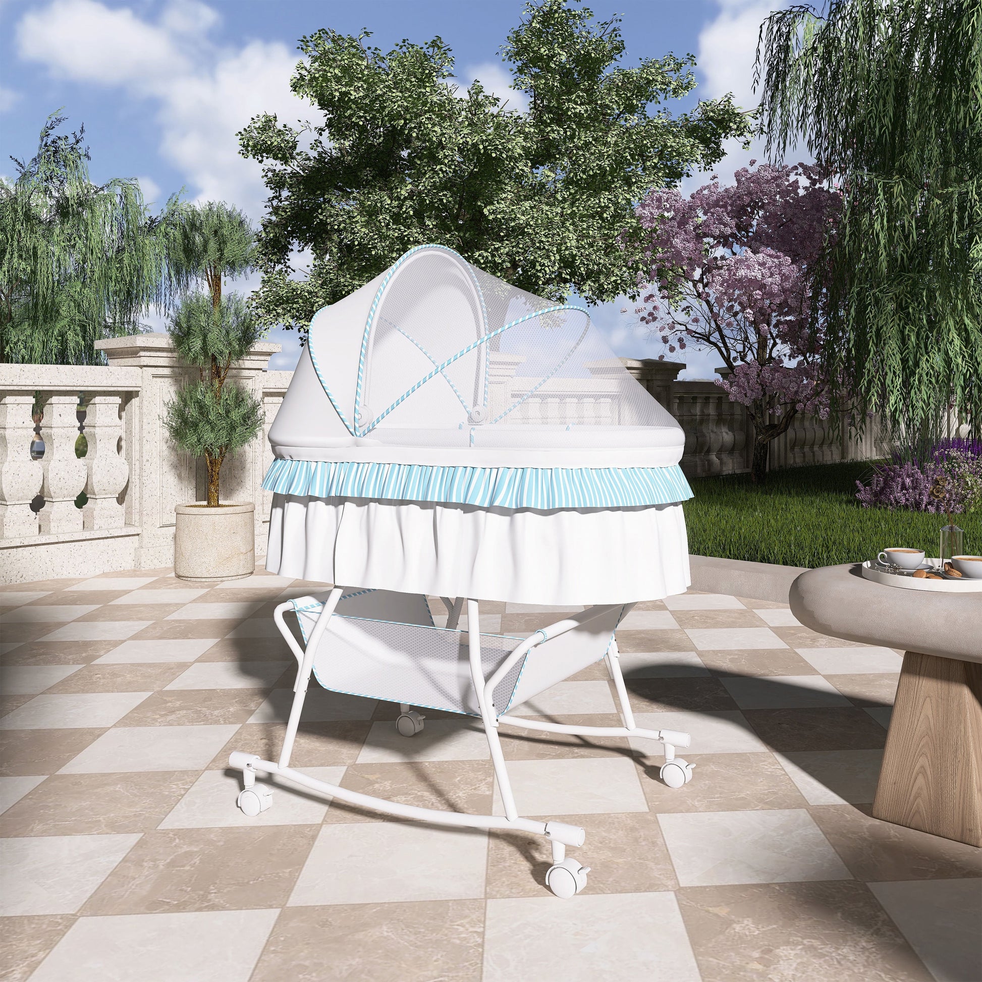Lacy Portable 2-In-1 Bassinet & Cradle in Blue and White, Lightweight Baby Bassinet