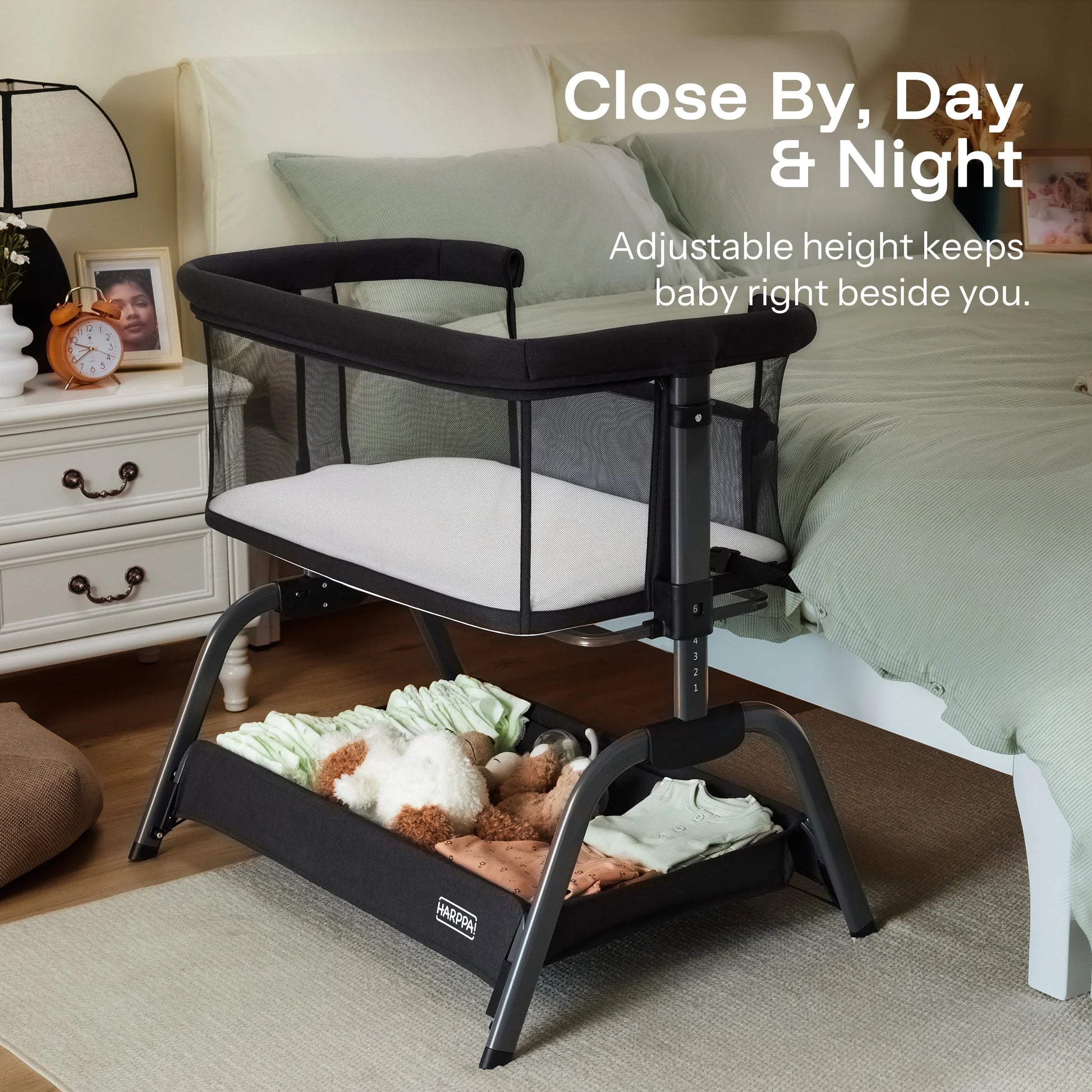 Bassinet Bedside Sleeper, Bedside Bassinet with Storage & Wheels for Infants, Black
