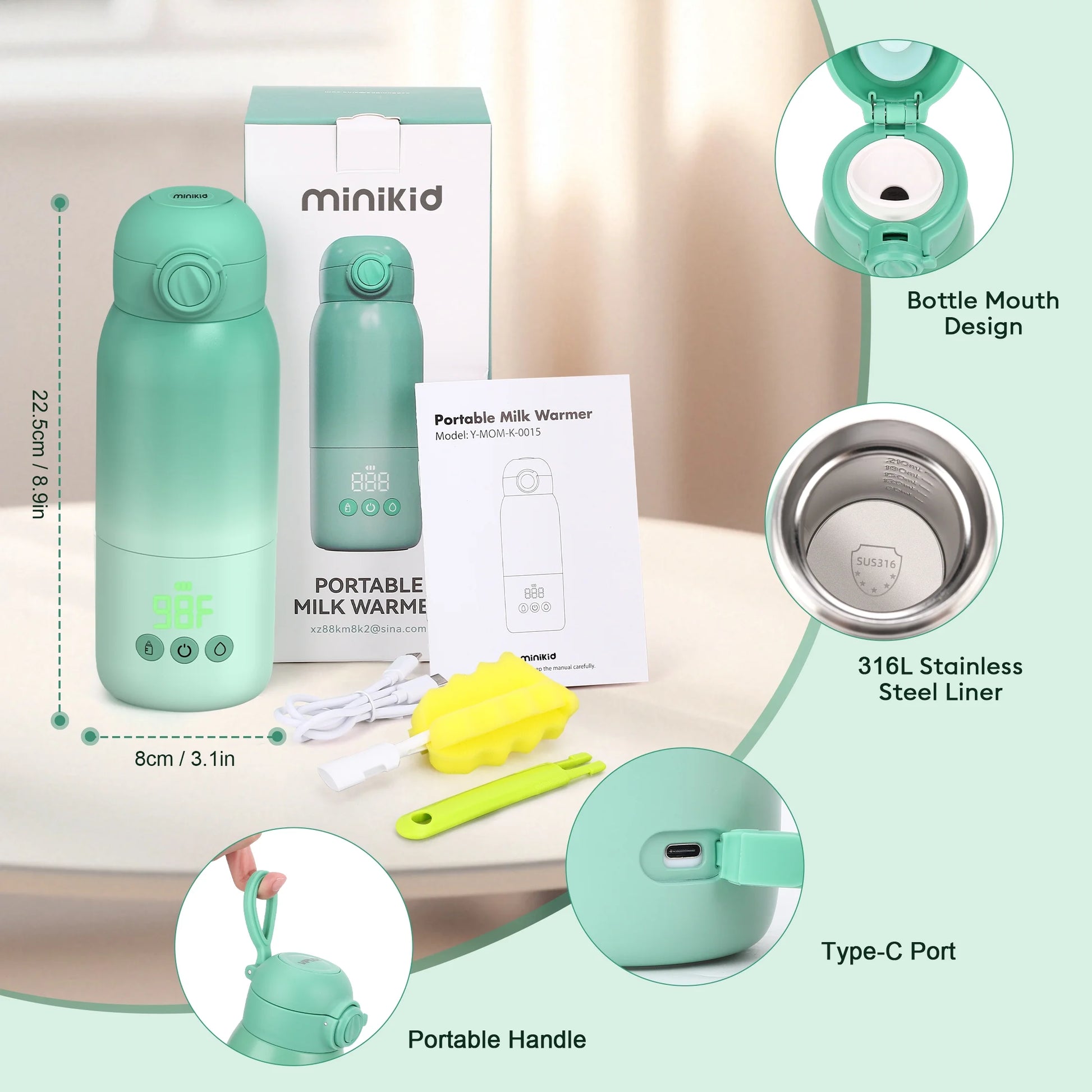 Baby Bottle Warmer, Dual Heating Modes for Breast Milk and Water, 12 OZ Portable Milk Warmer, Green