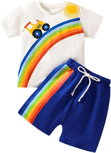 Cute Infant Clothes Set Boys Letter Print Short Sleeved Top Cartoon Print Shorts Casual Suit Summer (Blue, 5-7Years)