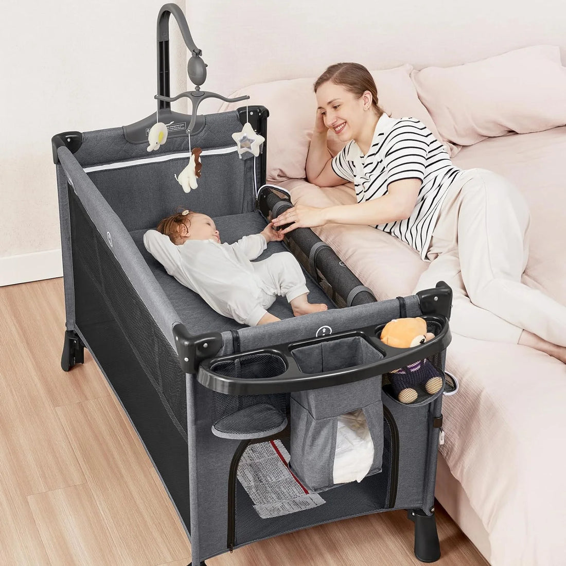 5 in 1 Baby Bassinet Bedside Crib, Rocking Bassinet with Diaper Changer, Pack and Play with Bassinet, Portable Folding Playpen Playard with Mobile, Sheet & Mattress(Grey)