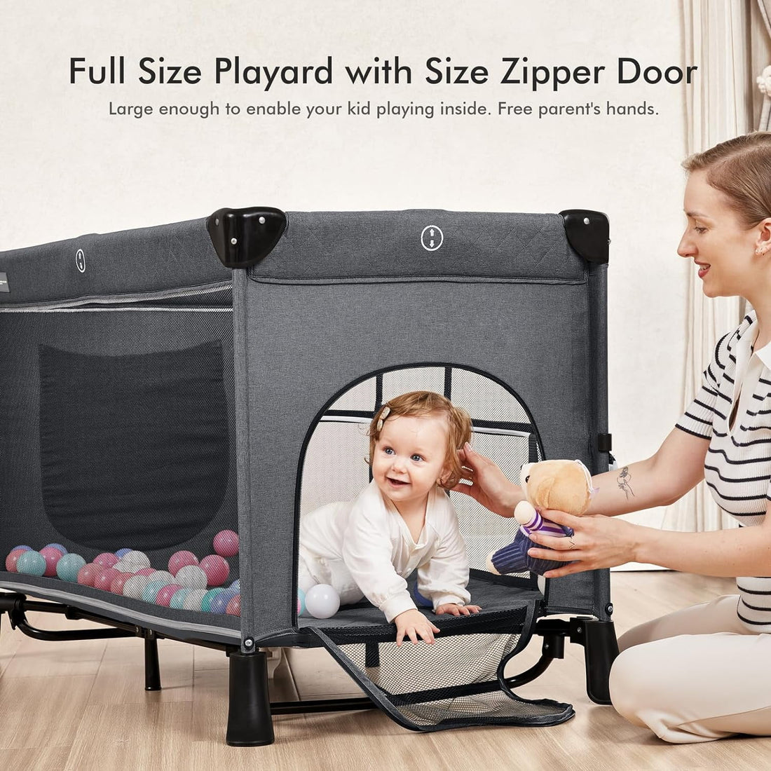 5 in 1 Baby Bassinet Bedside Crib, Rocking Bassinet with Diaper Changer, Pack and Play with Bassinet, Portable Folding Playpen Playard with Mobile, Sheet & Mattress(Grey)