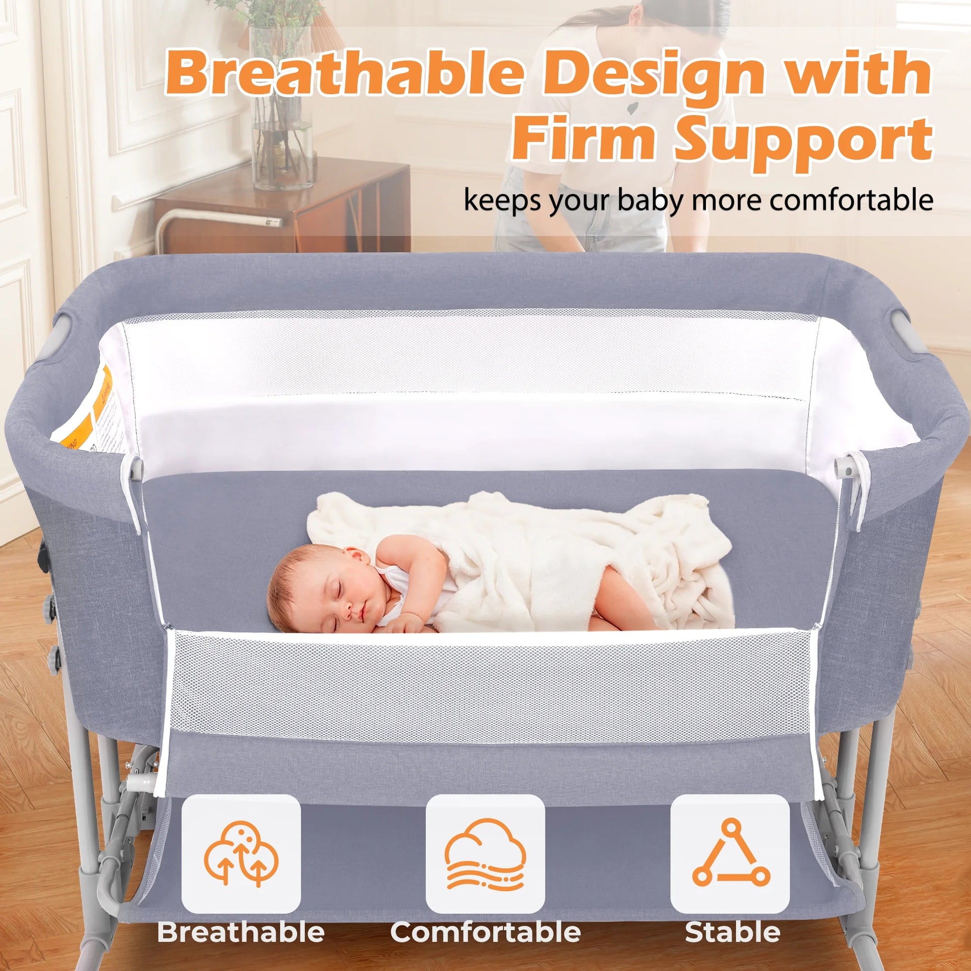 Baby Bassinet Bedside Sleeper Bassinet for 0–5 Months Infants, Unisex, Light Grey