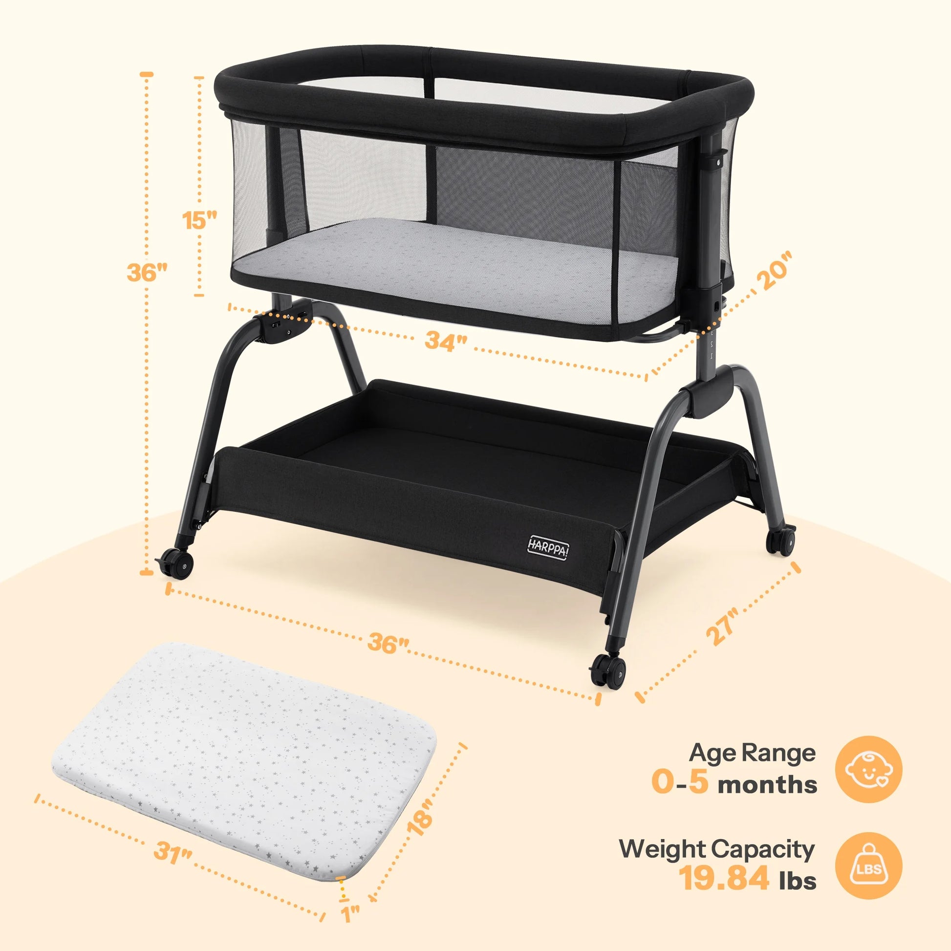 Bassinet Bedside Sleeper, Bedside Bassinet with Storage & Wheels for Infants, Black