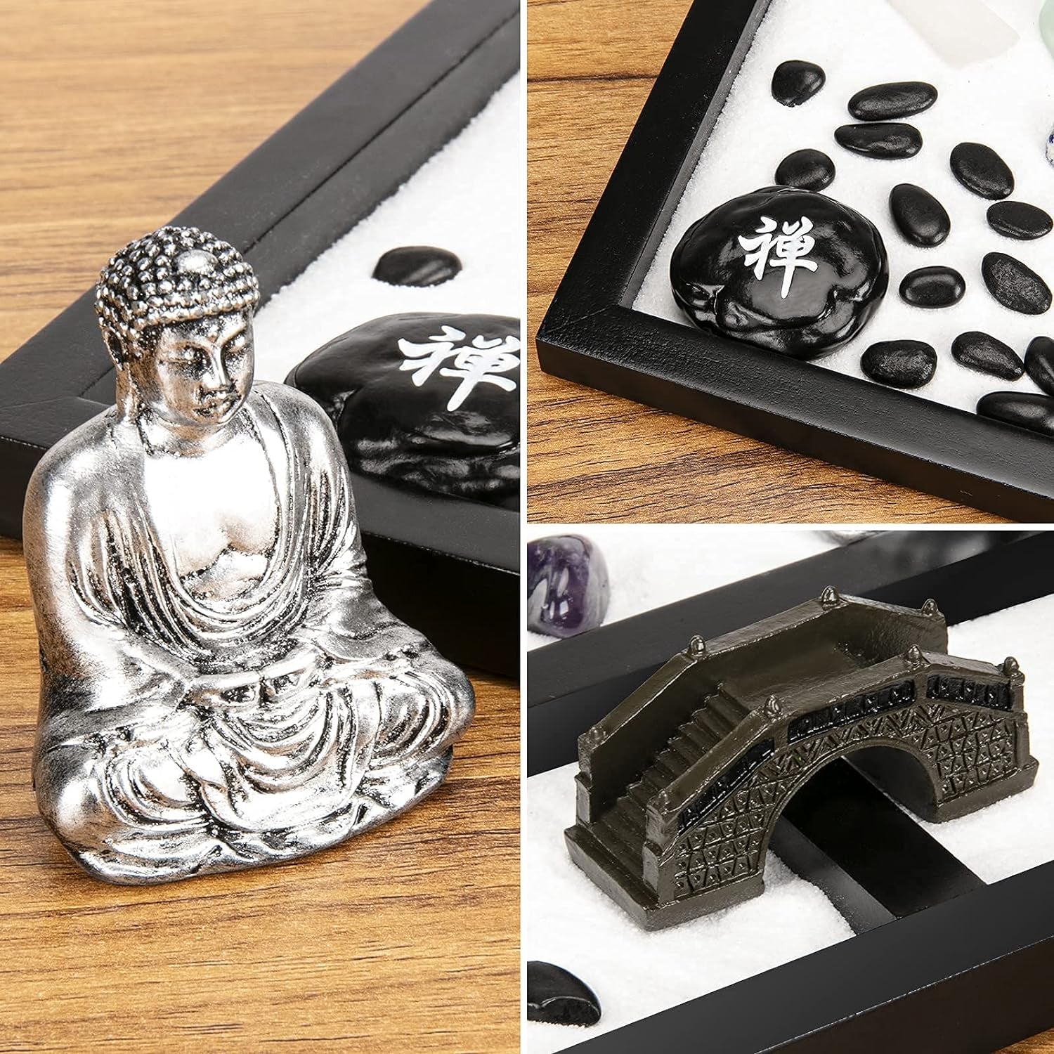 Mini Japanese Desktop Zen Garden,Buddha,Table Décor Kit with Chakra Stones,Sand Tray Play Kit for Kids, Adults, Office - Desk Sand Box Gift Set with Natural Sand, Wooden Tray, Lid, Rakes