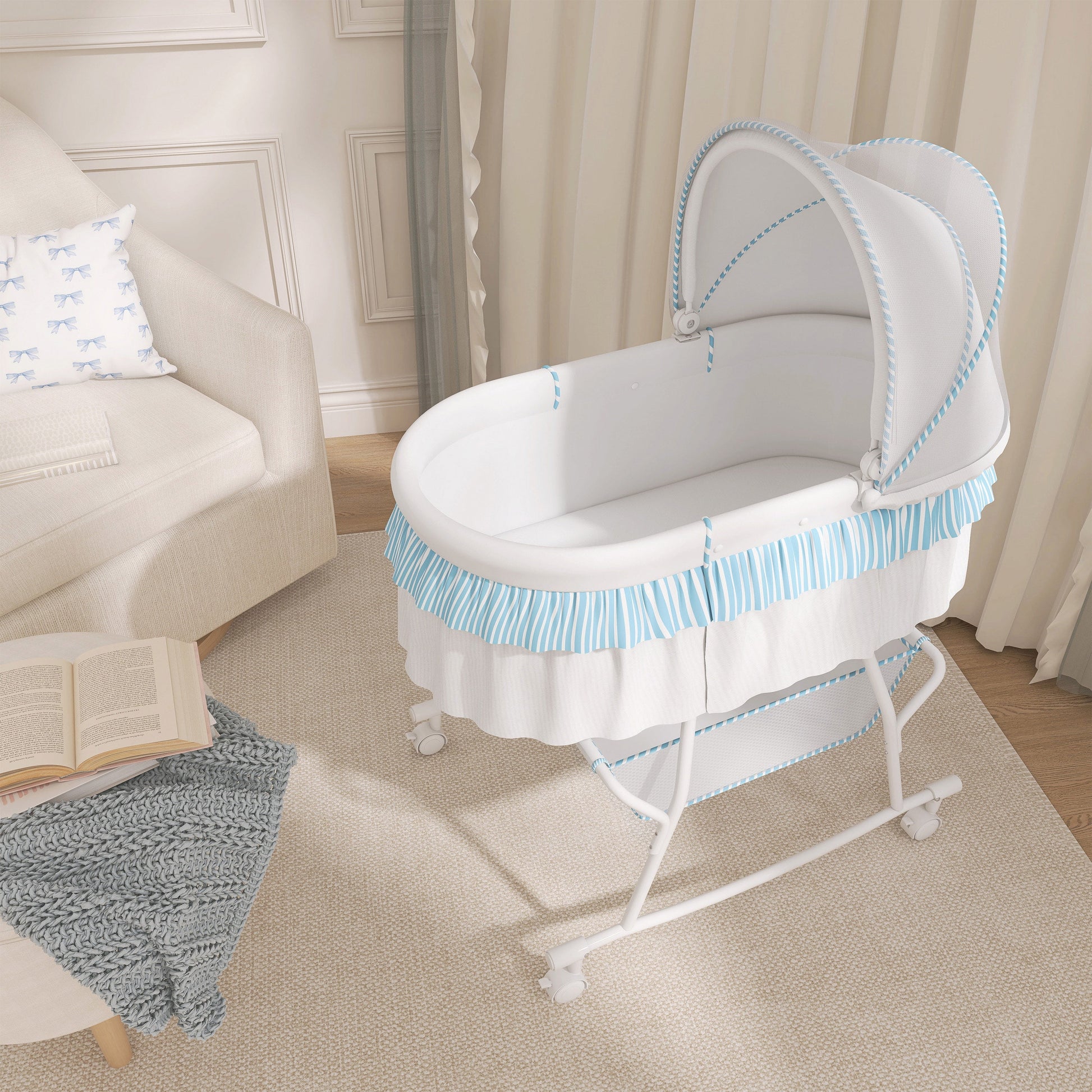 Lacy Portable 2-In-1 Bassinet & Cradle in Blue and White, Lightweight Baby Bassinet