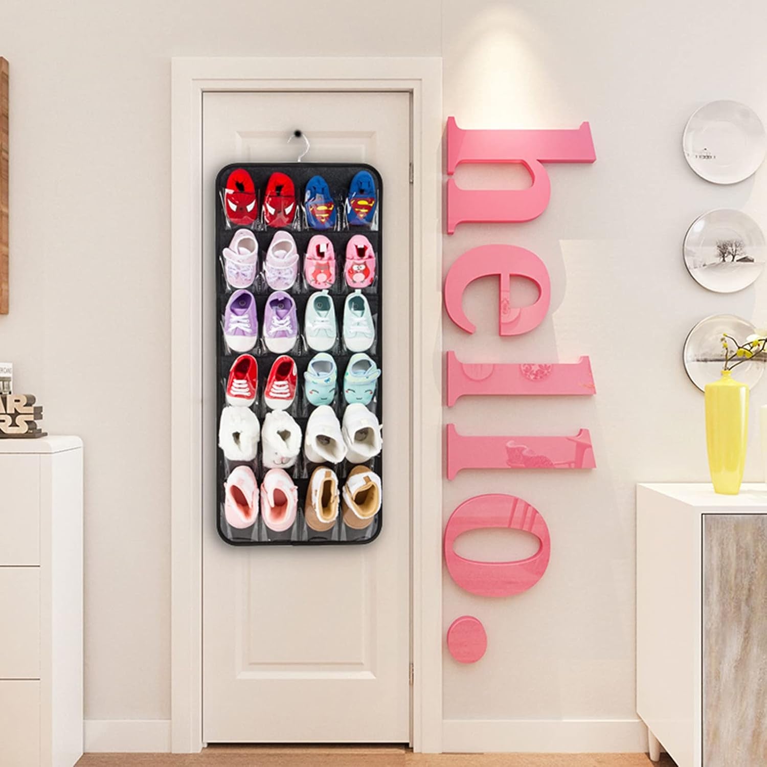 Over the Door Shoes Organizer for 12 Pairs of Baby Shoes Boys Girl, Hanging Baby Shoe Organizer with Hanger(Felt Material-Black)