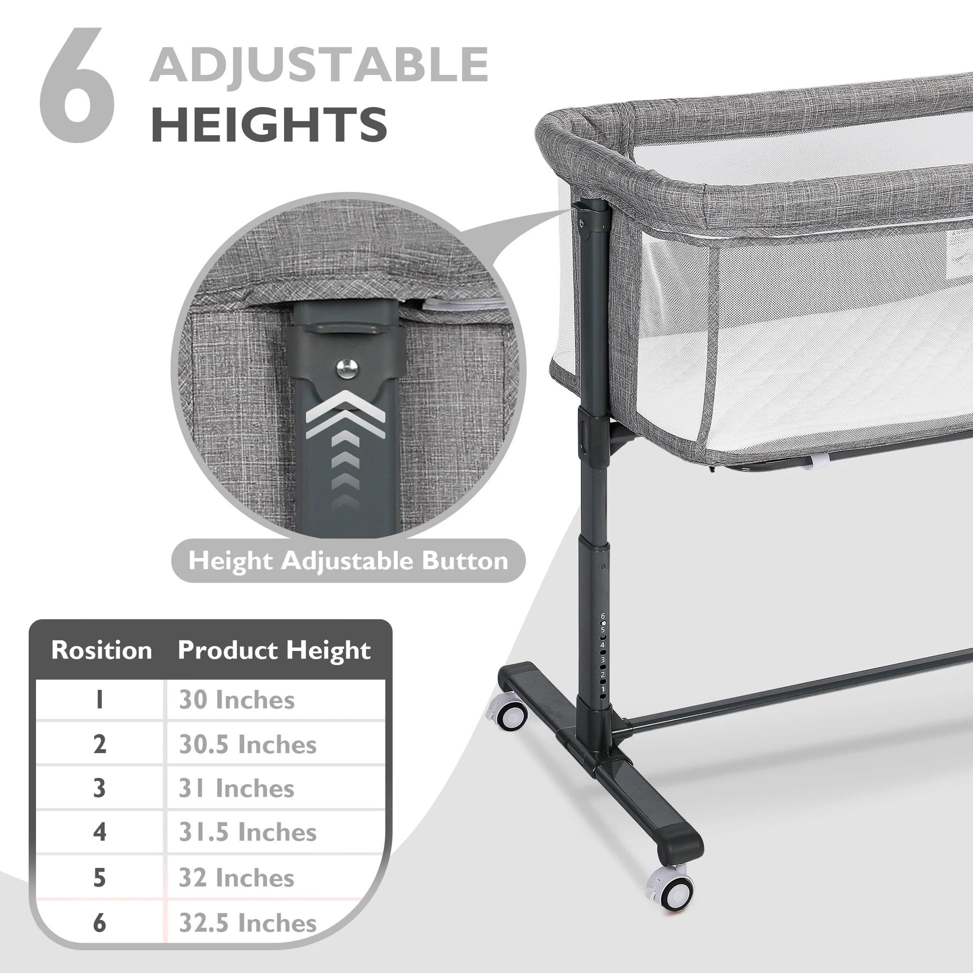 Baby Bassinet with Wheels Adjustable Bedside Sleeper Bassinet Newborn Baby Crib, Grey