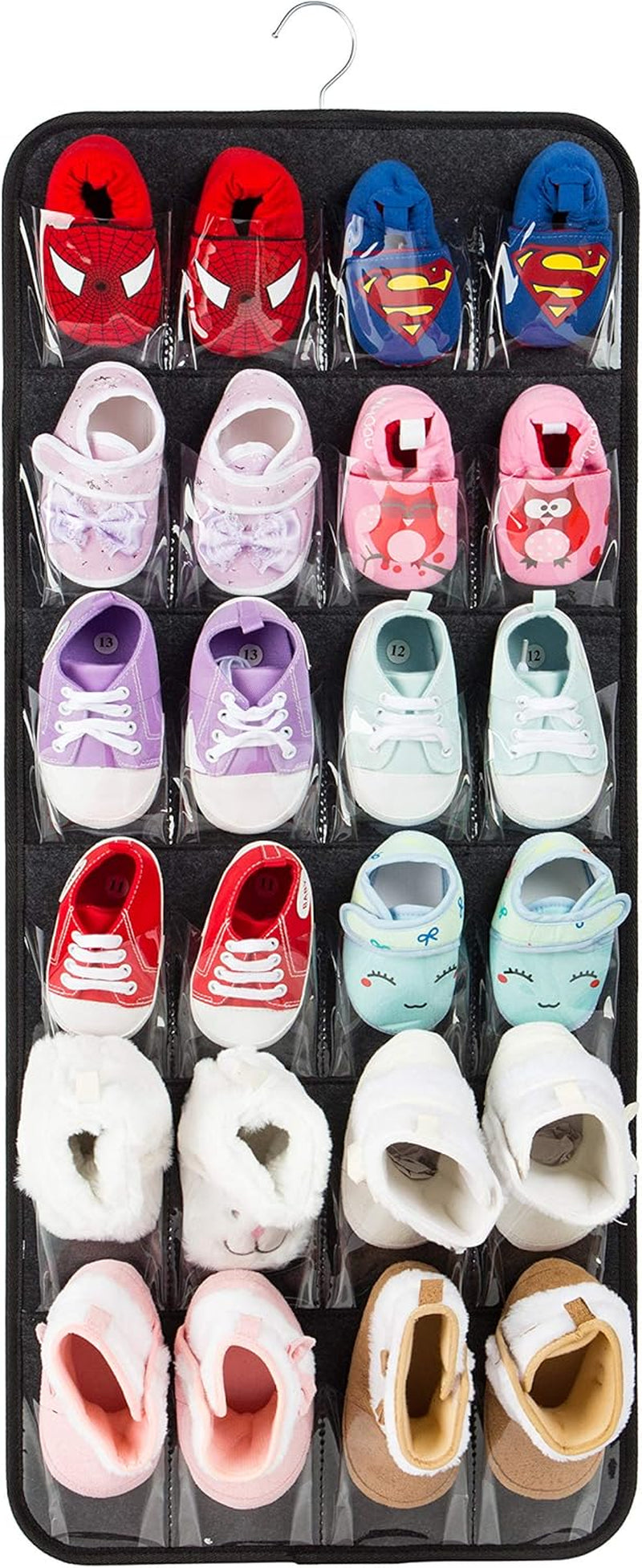 Over the Door Shoes Organizer for 12 Pairs of Baby Shoes Boys Girl, Hanging Baby Shoe Organizer with Hanger(Felt Material-Black)