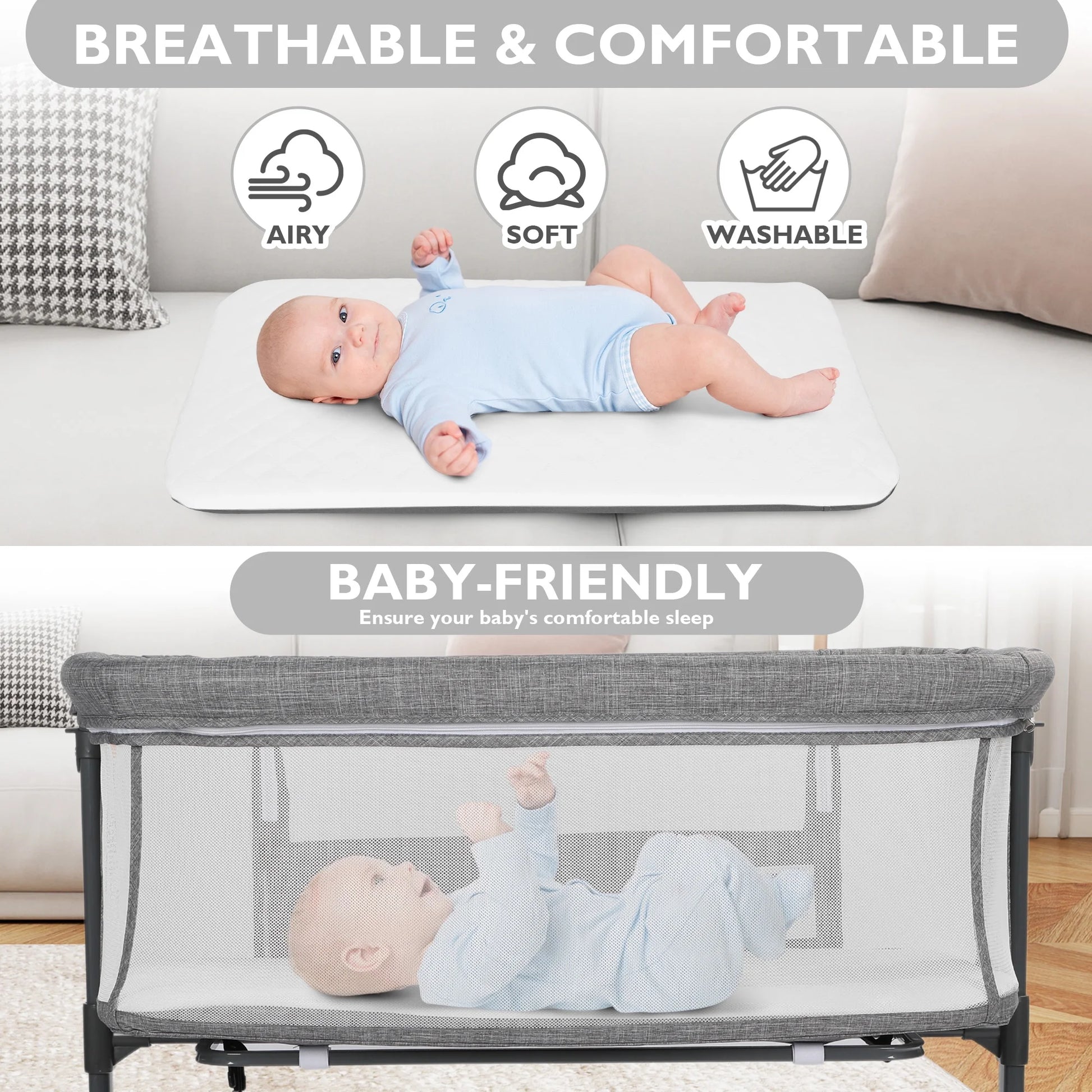Baby Bassinet with Wheels Adjustable Bedside Sleeper Bassinet Newborn Baby Crib, Grey