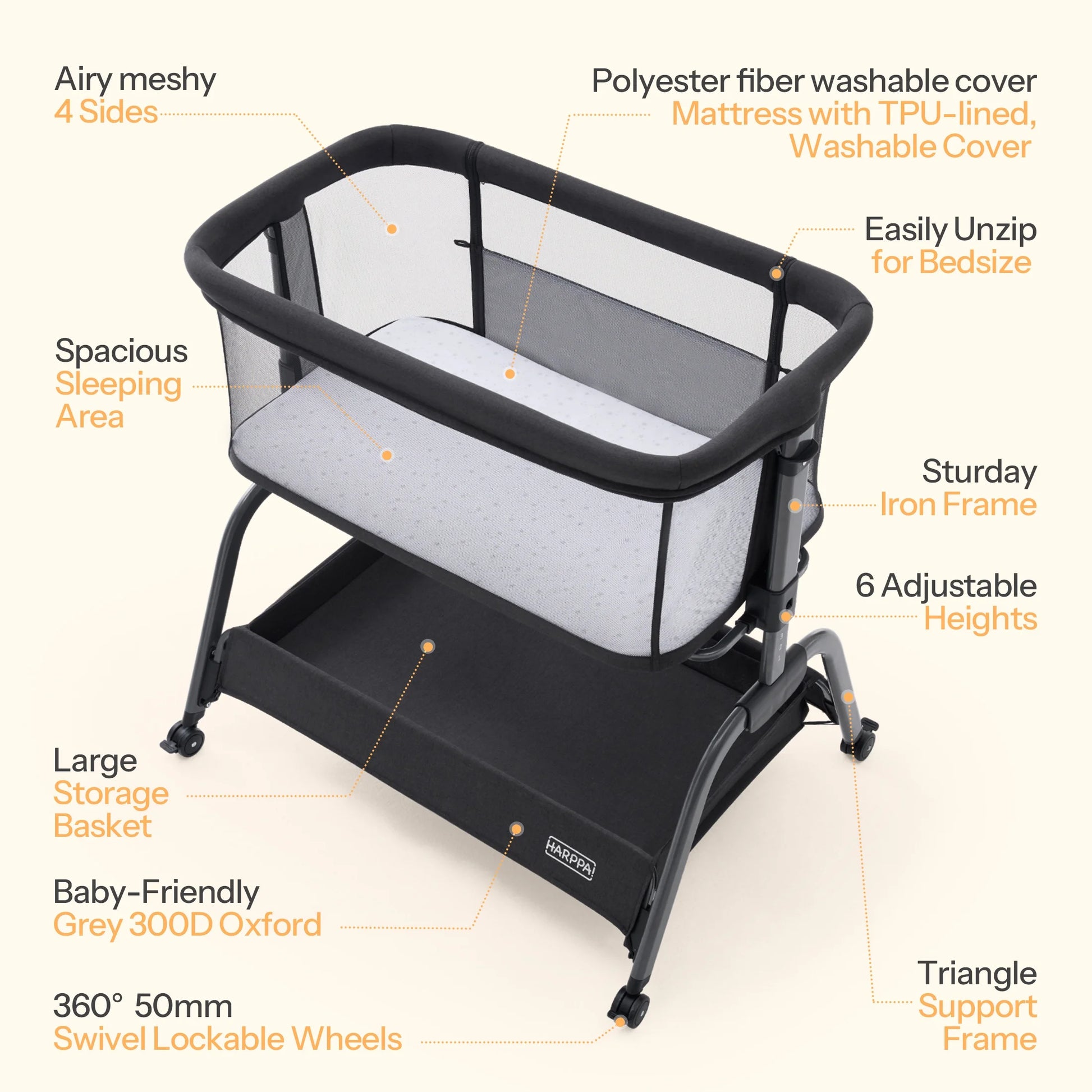 Bassinet Bedside Sleeper, Bedside Bassinet with Storage & Wheels for Infants, Black