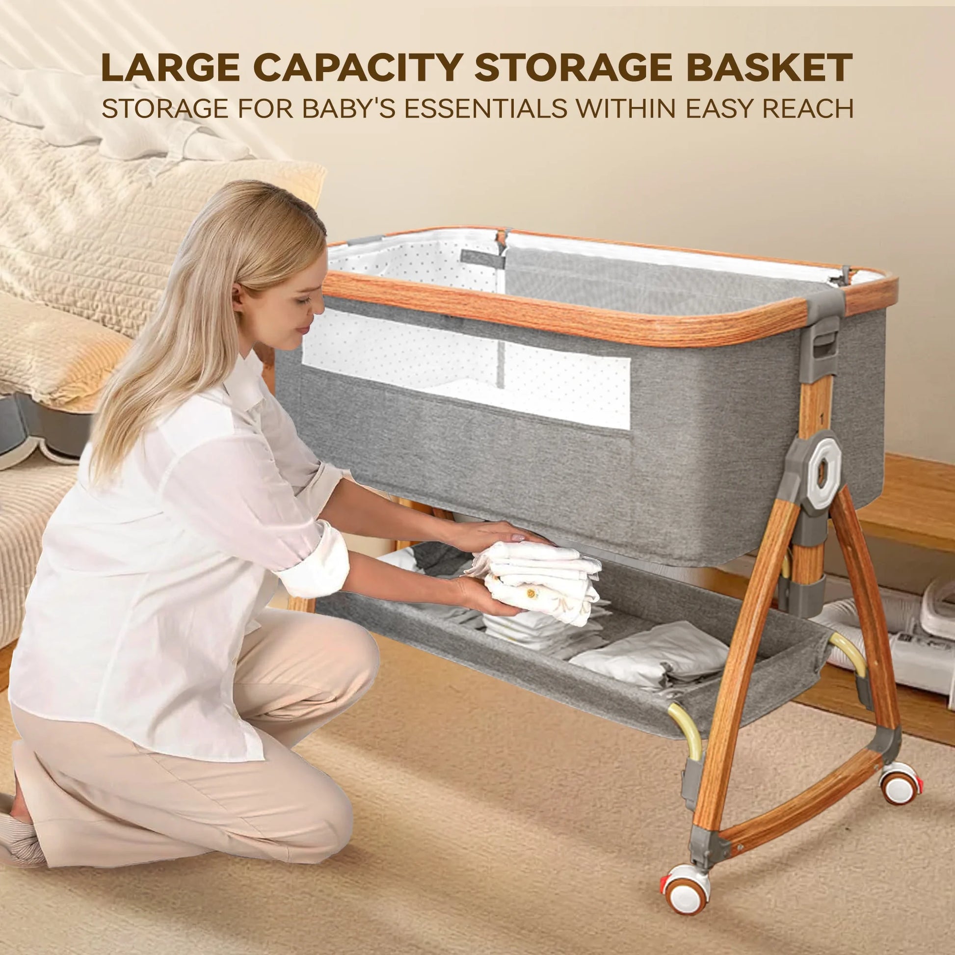 Bassinet Bedside Sleeper, Portable Baby Crib with 6 Adjustable Heights and Breathable Mesh Panels, Foldable, Gray