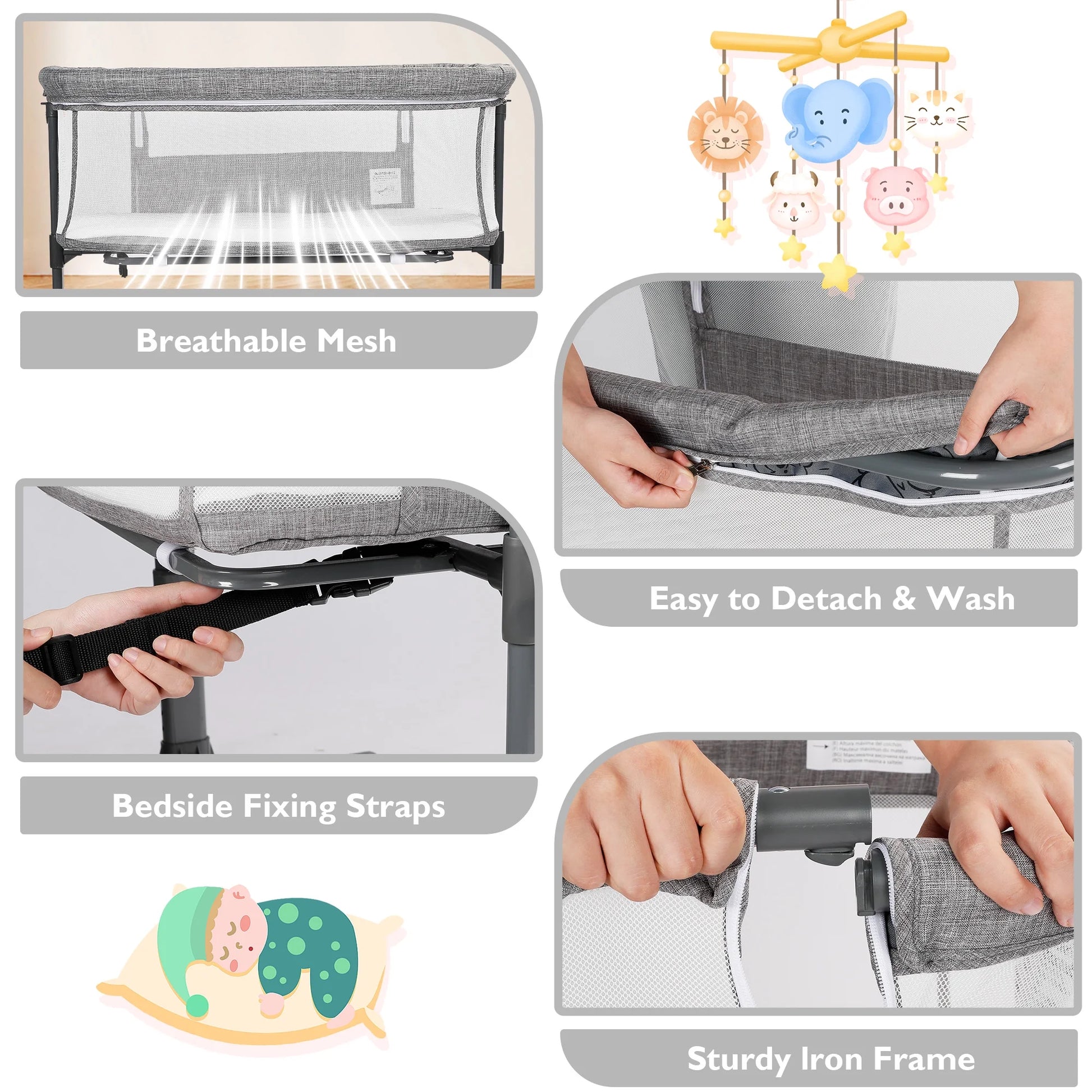 Baby Bassinet with Wheels Adjustable Bedside Sleeper Bassinet Newborn Baby Crib, Grey