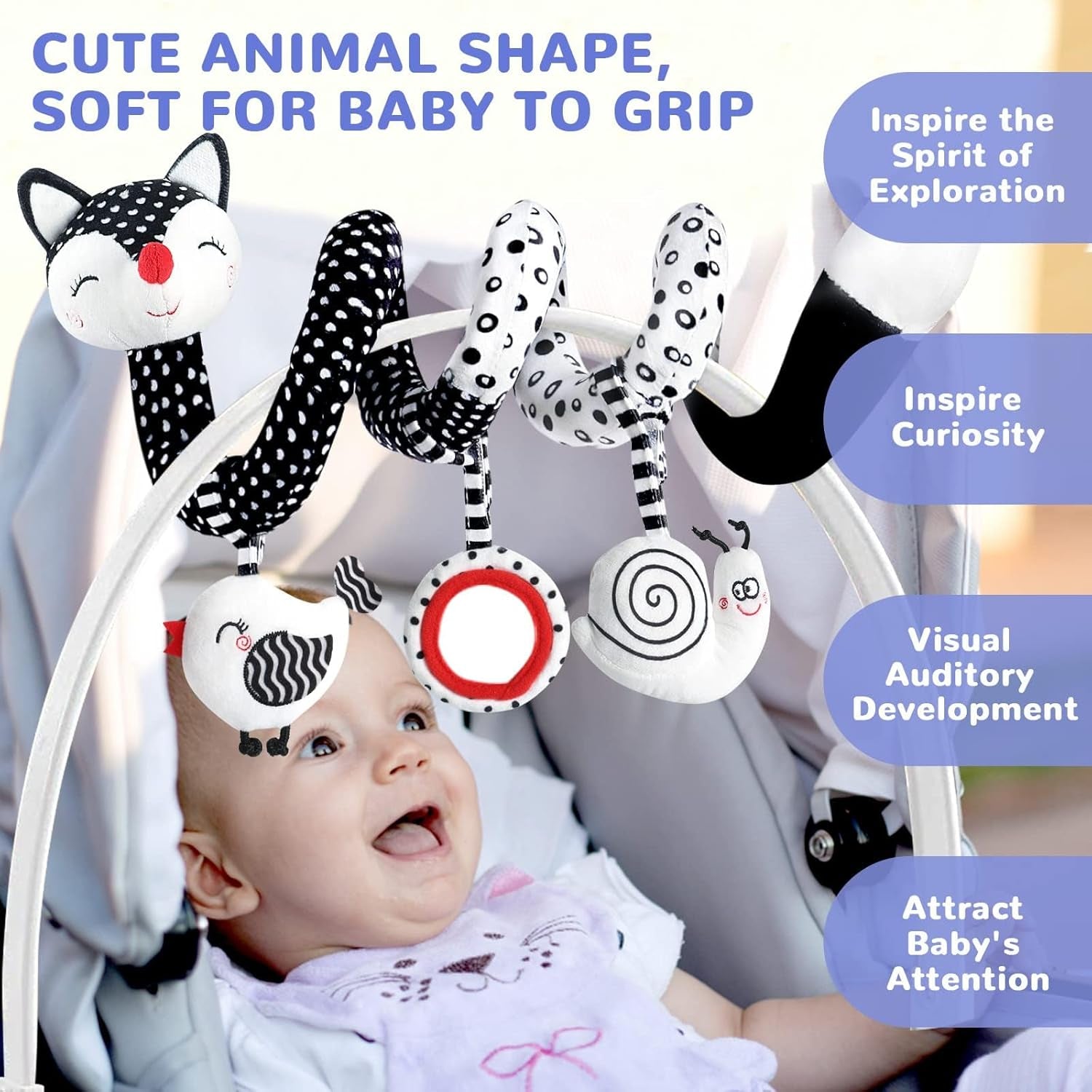 Baby Spiral Plush Toys, Black and White Baby Car Seat Toys, High Contrast Infant Newborn Toy 0-6 Months for Stroller Crib Mobile, Sensory Toy Best Gift for 0 3 6 9 12 Months Boys Girls