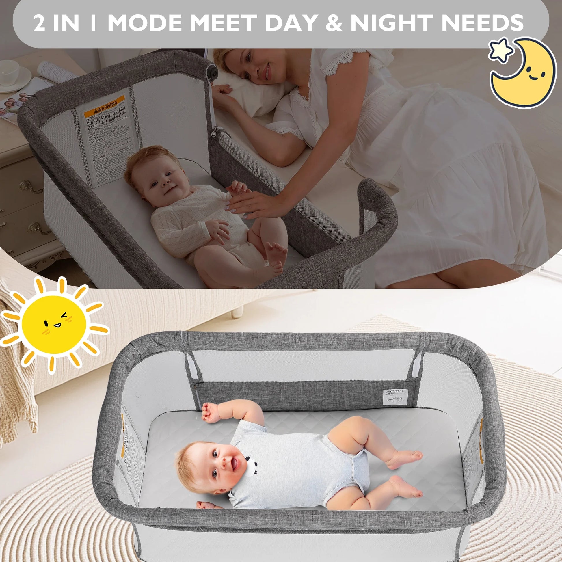 Baby Bassinet with Wheels Adjustable Bedside Sleeper Bassinet Newborn Baby Crib, Grey
