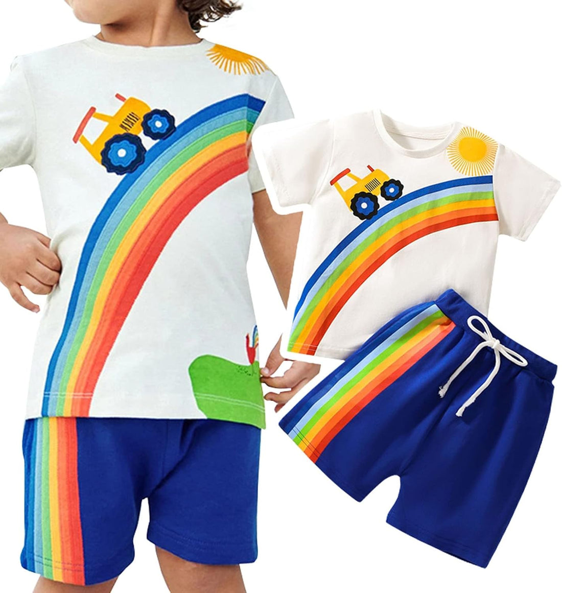 Cute Infant Clothes Set Boys Letter Print Short Sleeved Top Cartoon Print Shorts Casual Suit Summer (Blue, 5-7Years)