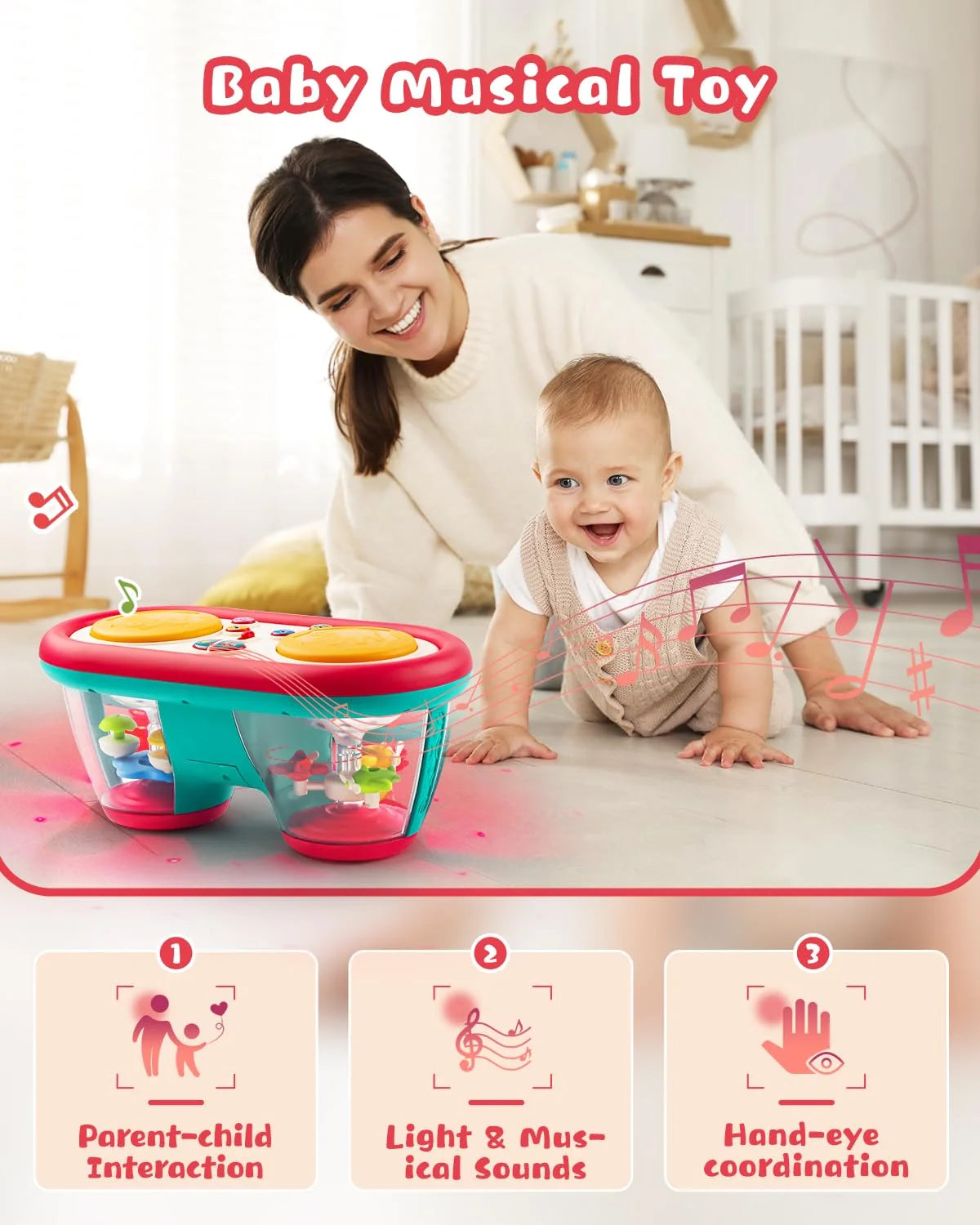 Baby Toys for 6-12 Months, Toddler Musical Instruments Toys, Rotating Light up Learning Toys, Drum Toy for 1 Year Old Boys Girls