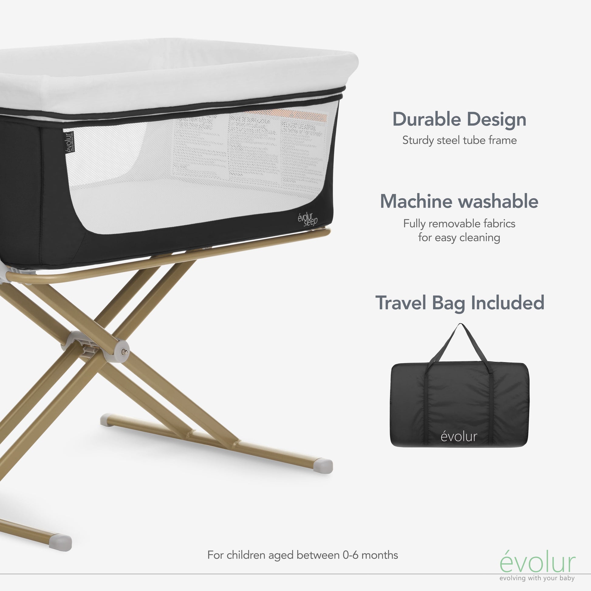 Orabelle Bedside Bassinet and Sleeper for Baby in Black, Easy to Fold and Carry in Black