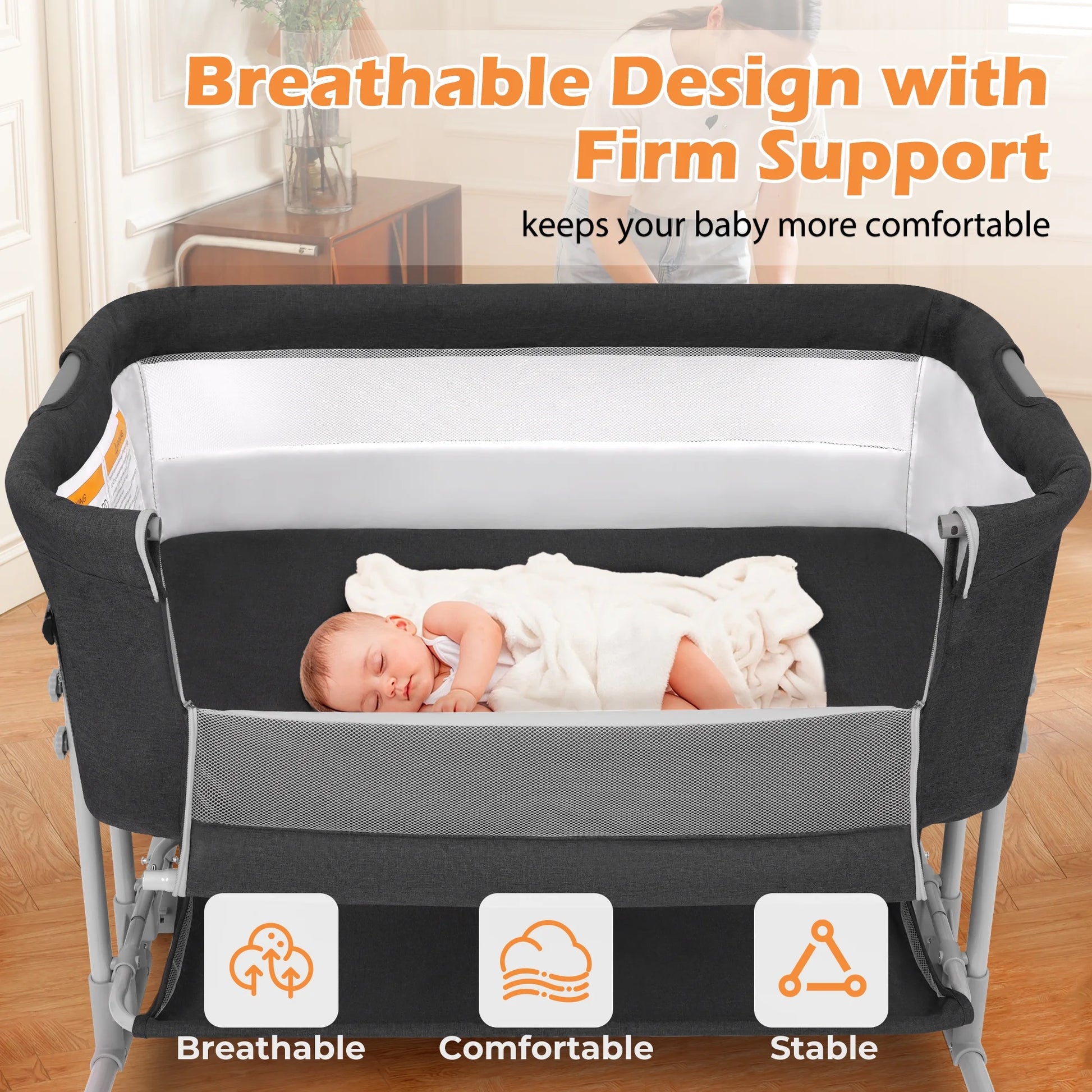 Baby Bassinet Bedside Sleeper Bassinet for 0–5 Months Infants, Unisex, Dark Gray