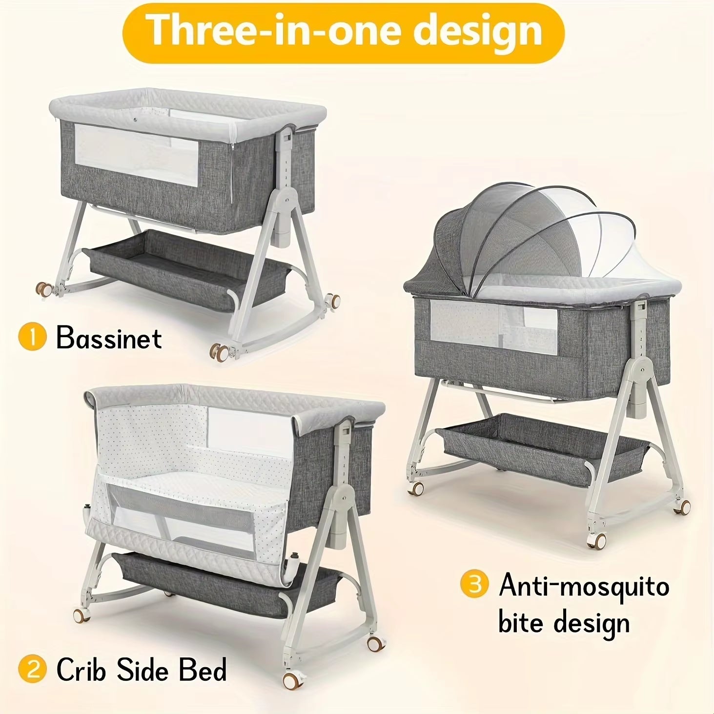 Baby Bassinet, Bedside Bassinet for Baby, 3 in 1 Bassinet Bedside Sleeper with Wheels
