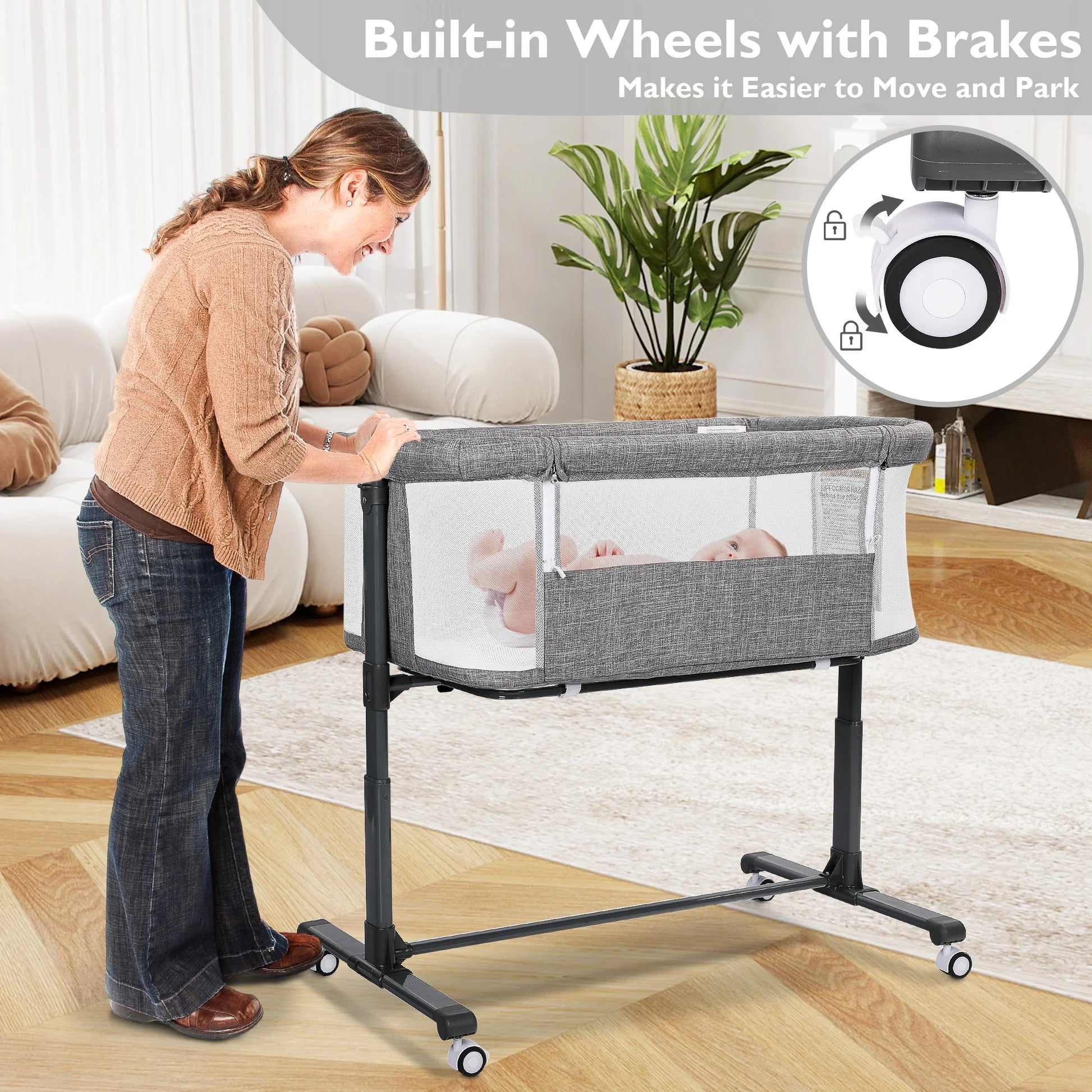 Baby Bassinet with Wheels Adjustable Bedside Sleeper Bassinet Newborn Baby Crib, Grey