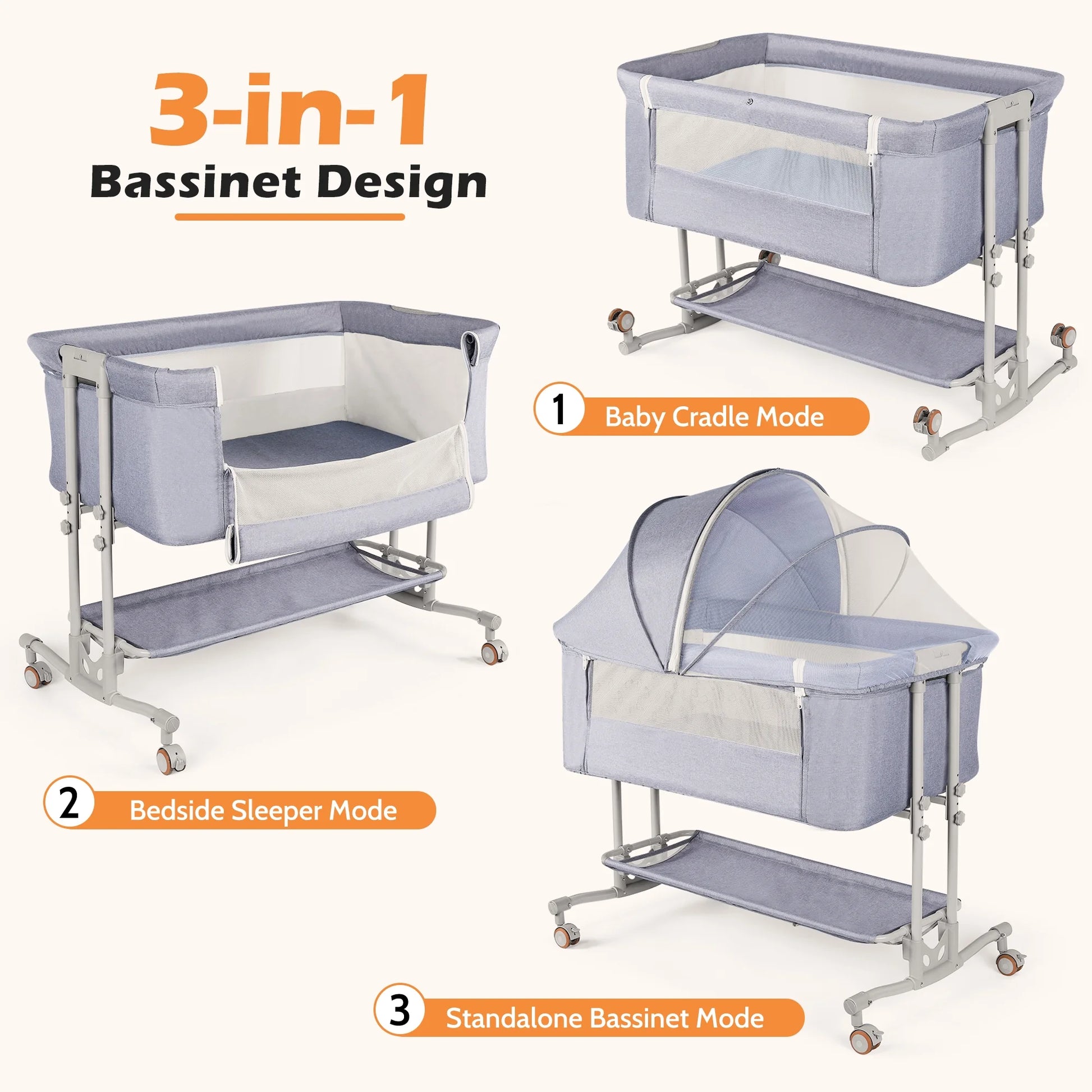 Baby Bassinet Bedside Sleeper Bassinet for 0–5 Months Infants, Unisex, Light Grey