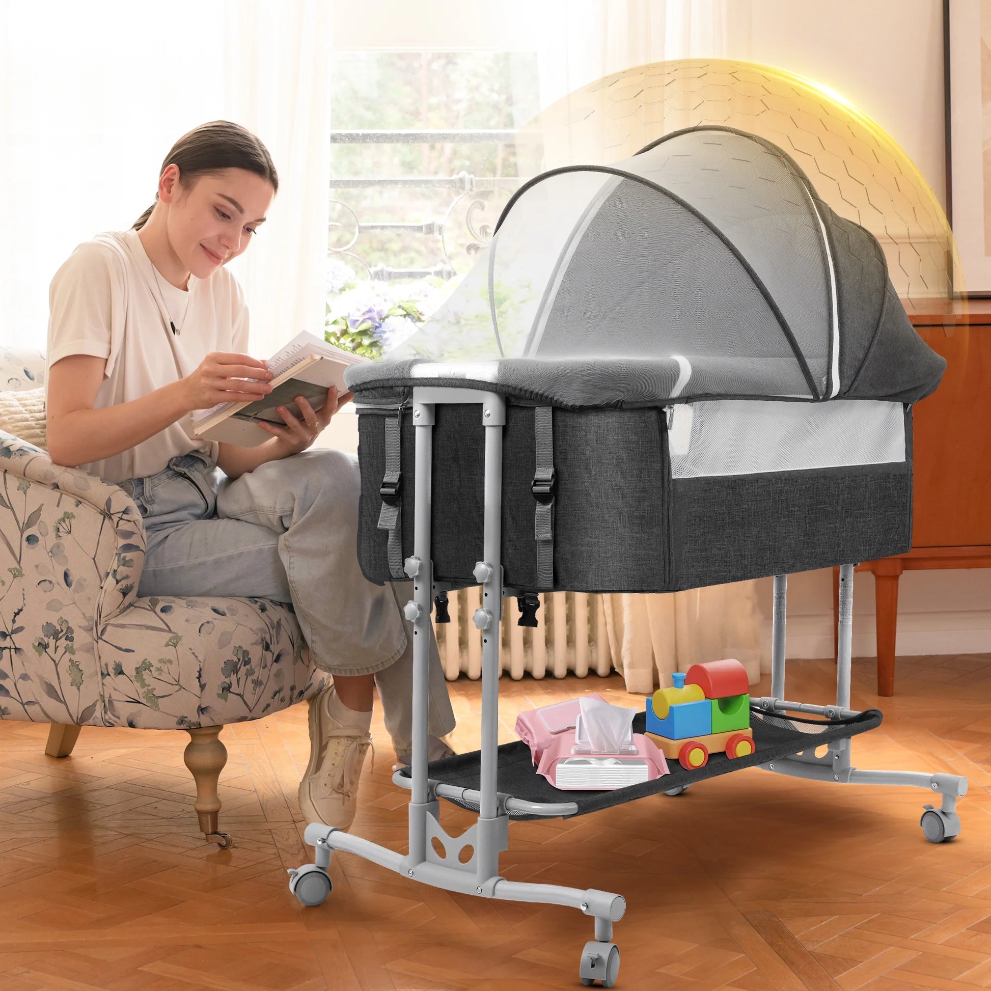 Baby Bassinet Bedside Sleeper Bassinet for 0–5 Months Infants, Unisex, Dark Gray