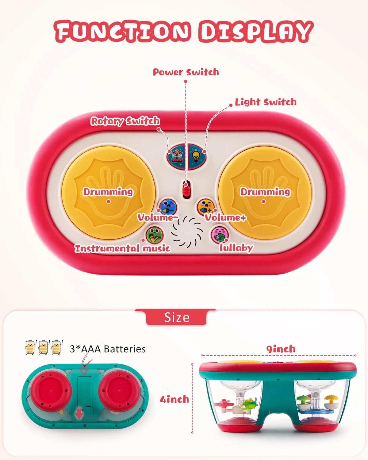 Baby Toys for 6-12 Months, Toddler Musical Instruments Toys, Rotating Light up Learning Toys, Drum Toy for 1 Year Old Boys Girls