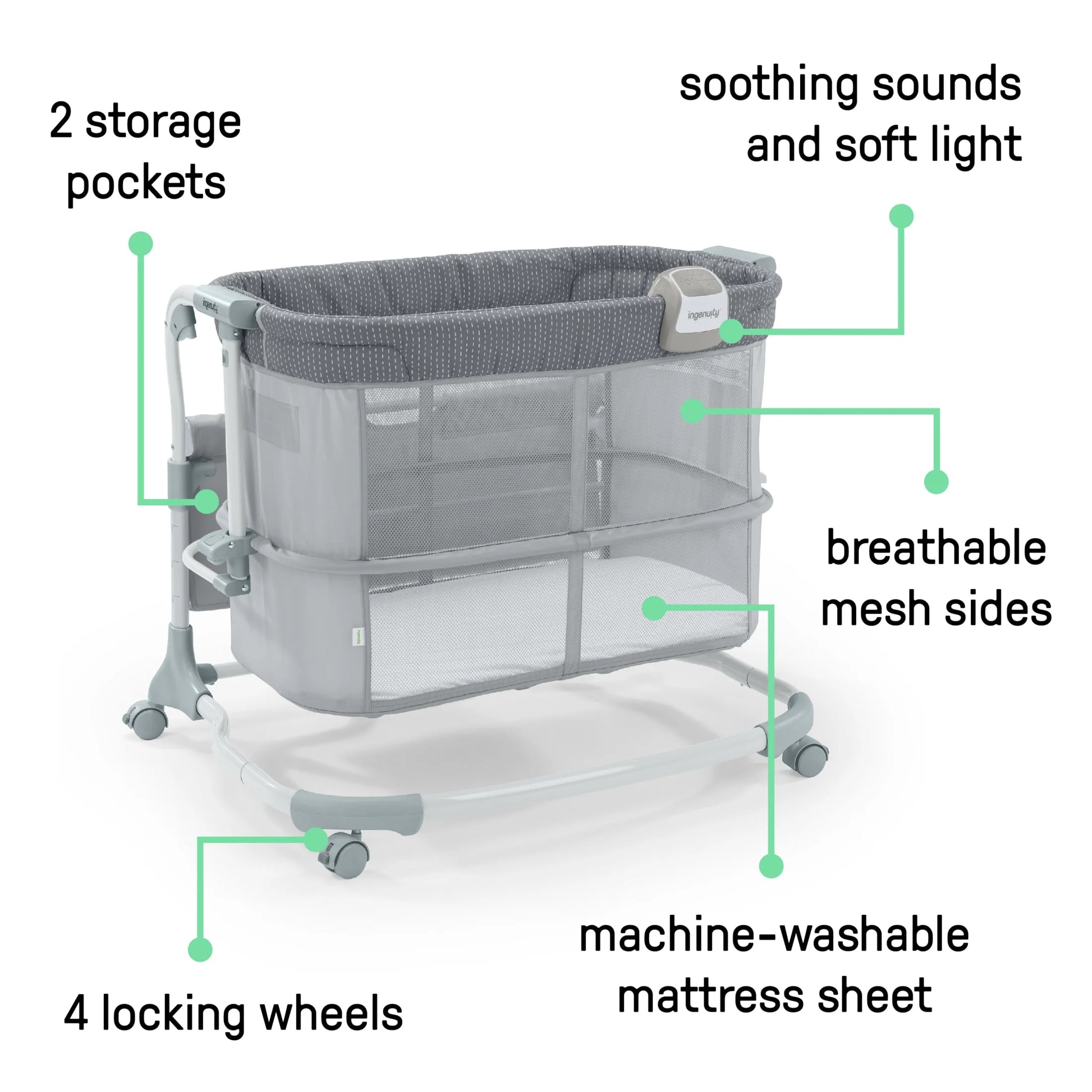 Dream & Grow Bedside Bassinet and Sleeper, Airloom Handstitch Fashion, Baby Bed for Ages 0-12 Months