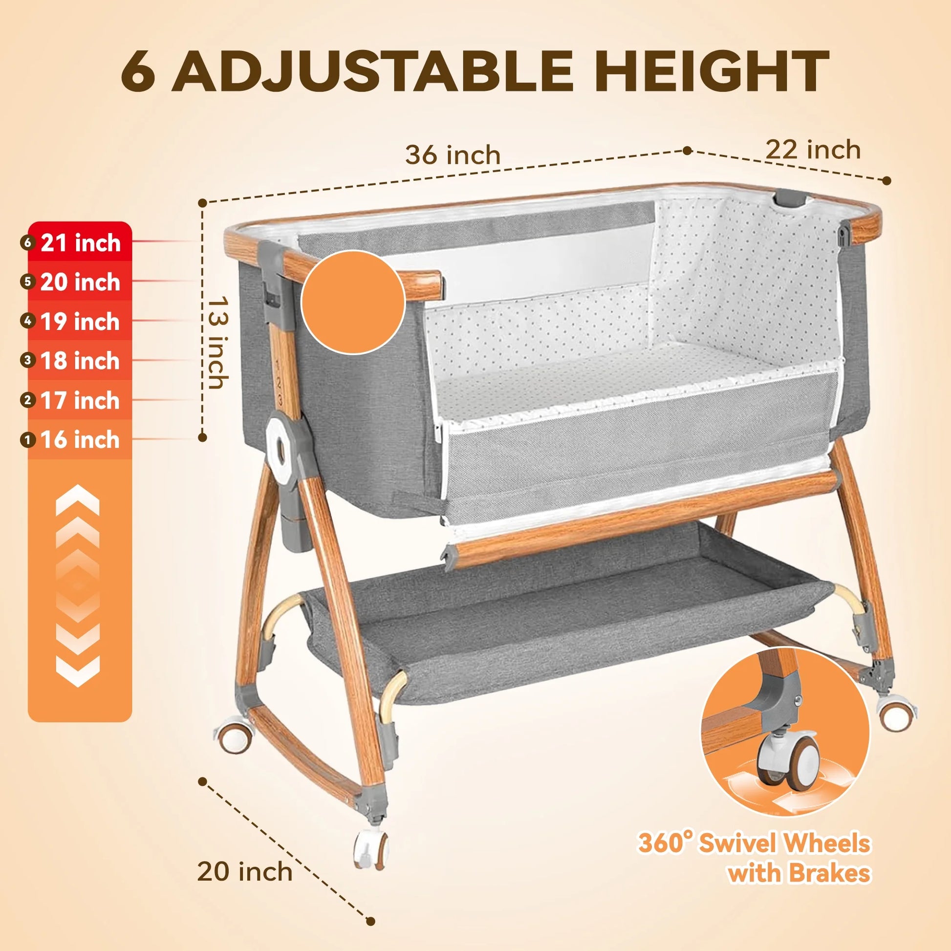 Bassinet Bedside Sleeper, Portable Baby Crib with 6 Adjustable Heights and Breathable Mesh Panels, Foldable, Gray
