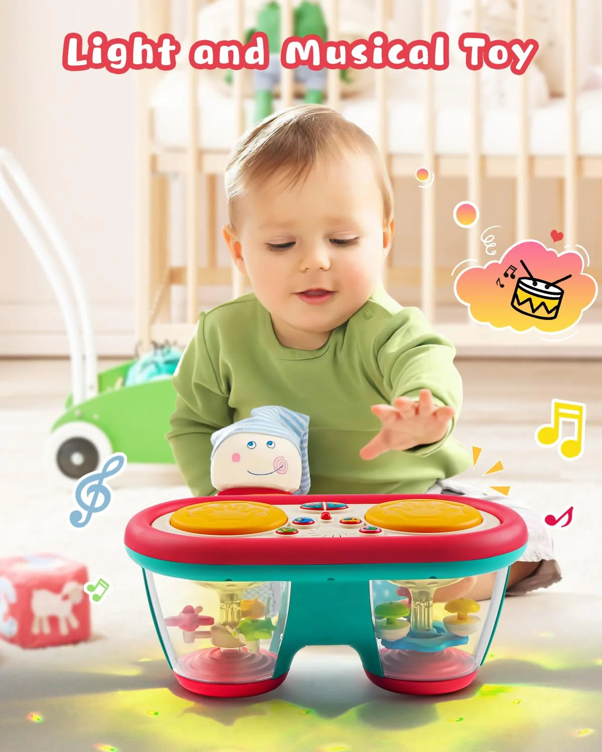 Baby Toys for 6-12 Months, Toddler Musical Instruments Toys, Rotating Light up Learning Toys, Drum Toy for 1 Year Old Boys Girls
