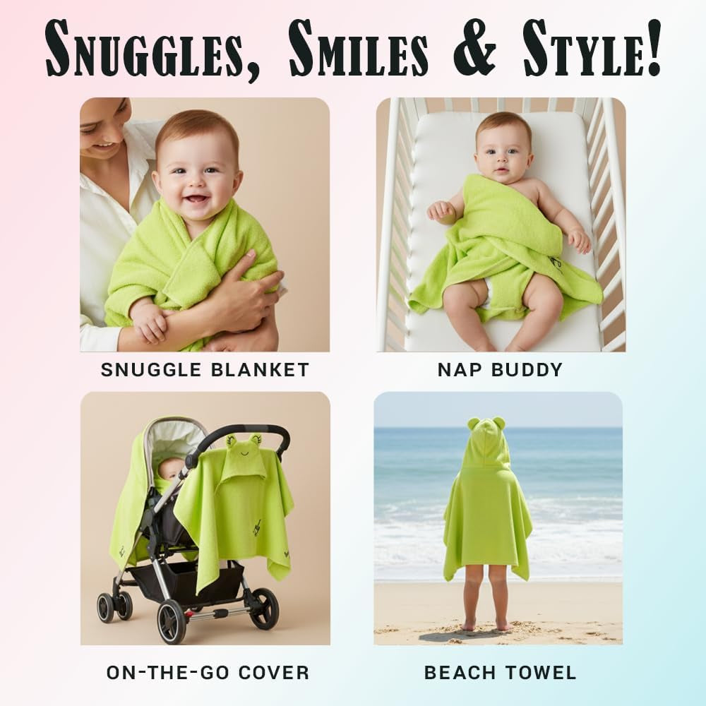 Milk&Moo Baby Hooded Towel, 100% Organic Turkish Cotton, Ultra Absorbent Bath Towel with Hood, 27X47 Inch, for Baby Boys & Girls (0-2 Years, Green)