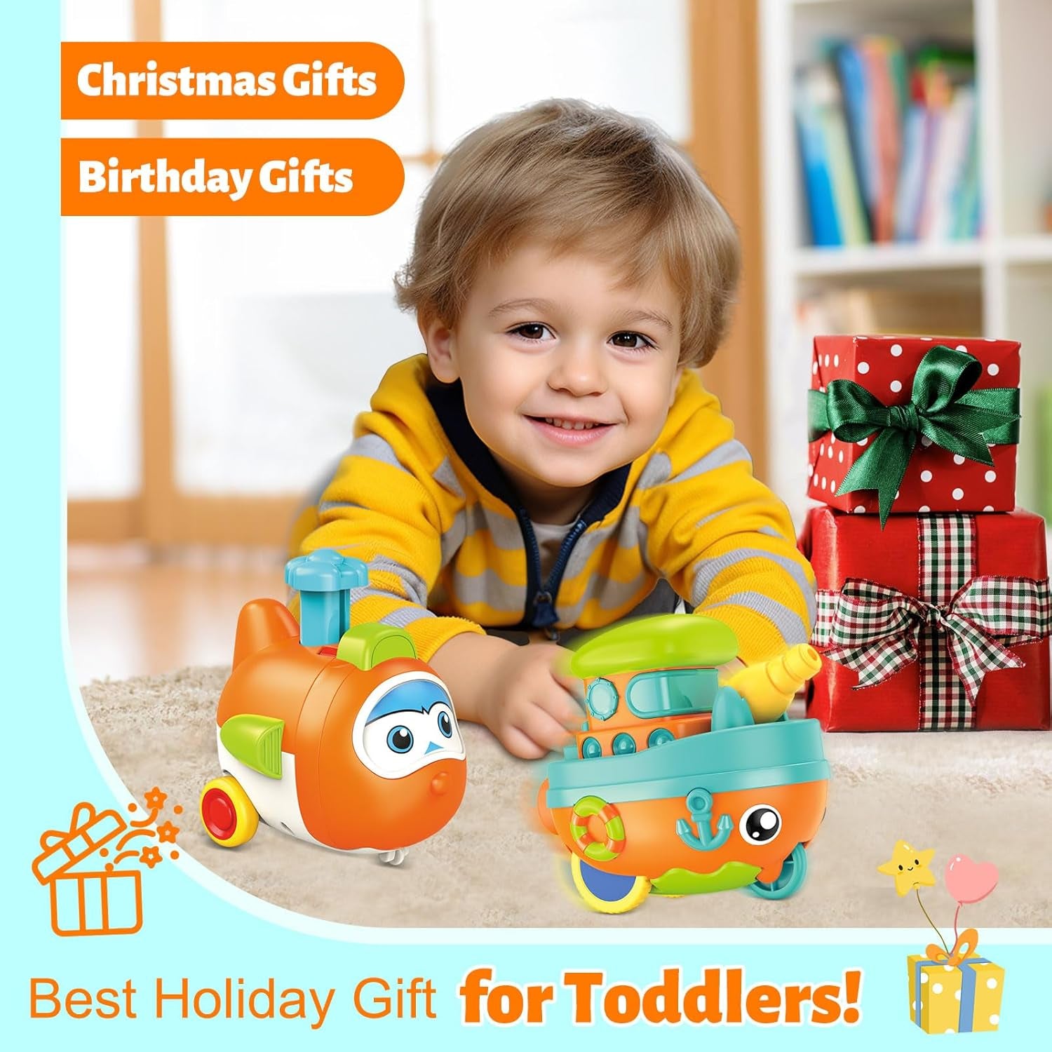 Toddler Toys for 1 Year Old Boy, Press to Go Car Toys for Toddlers 1-3, Learning