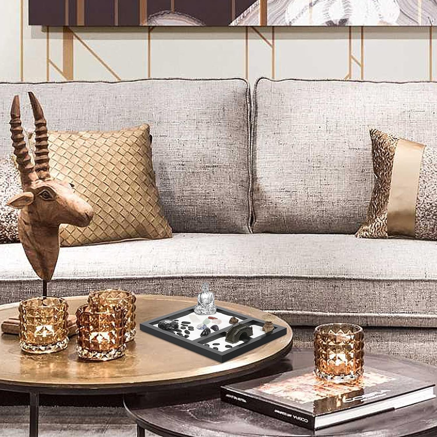 Mini Japanese Desktop Zen Garden,Buddha,Table Décor Kit with Chakra Stones,Sand Tray Play Kit for Kids, Adults, Office - Desk Sand Box Gift Set with Natural Sand, Wooden Tray, Lid, Rakes