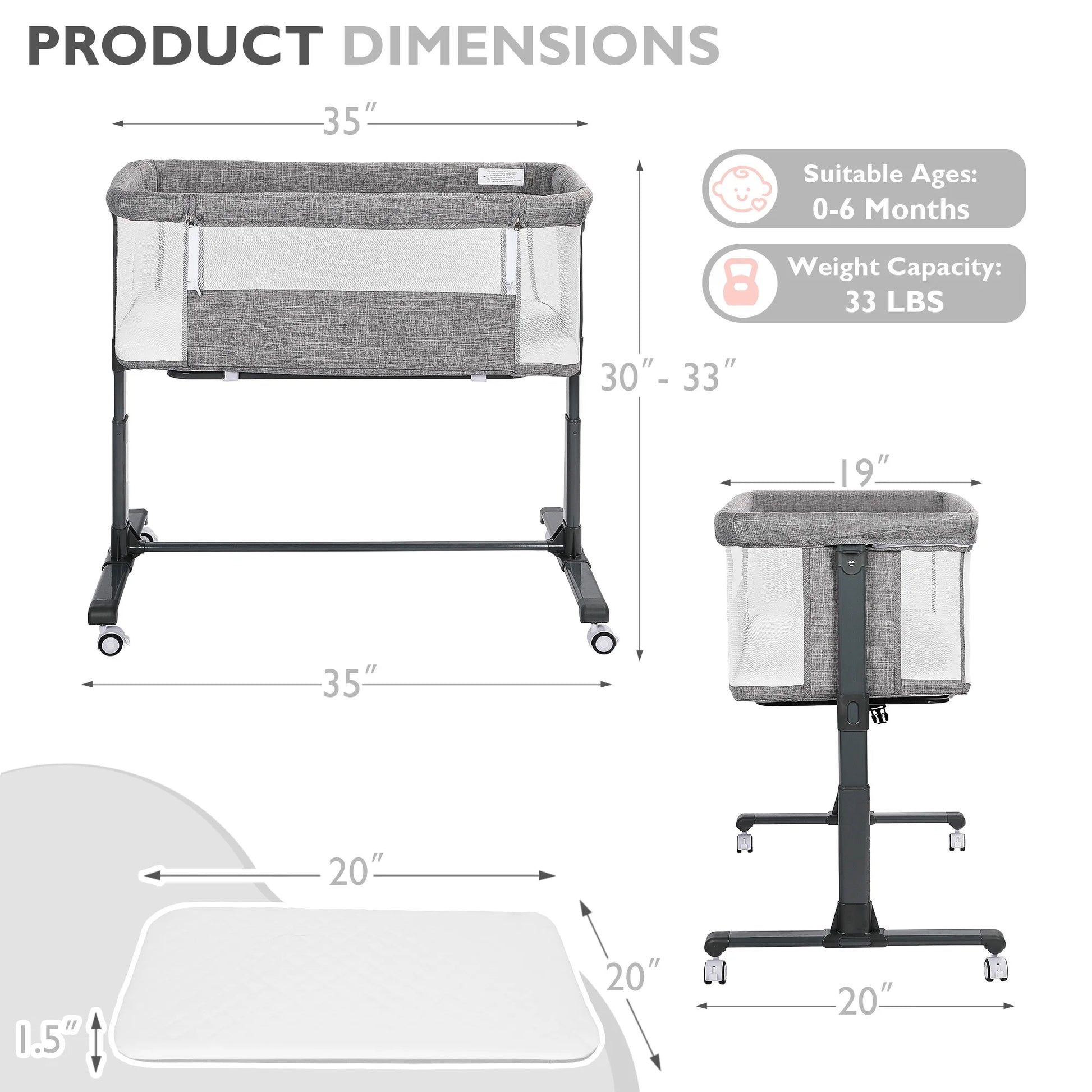 Baby Bassinet with Wheels Adjustable Bedside Sleeper Bassinet Newborn Baby Crib, Grey
