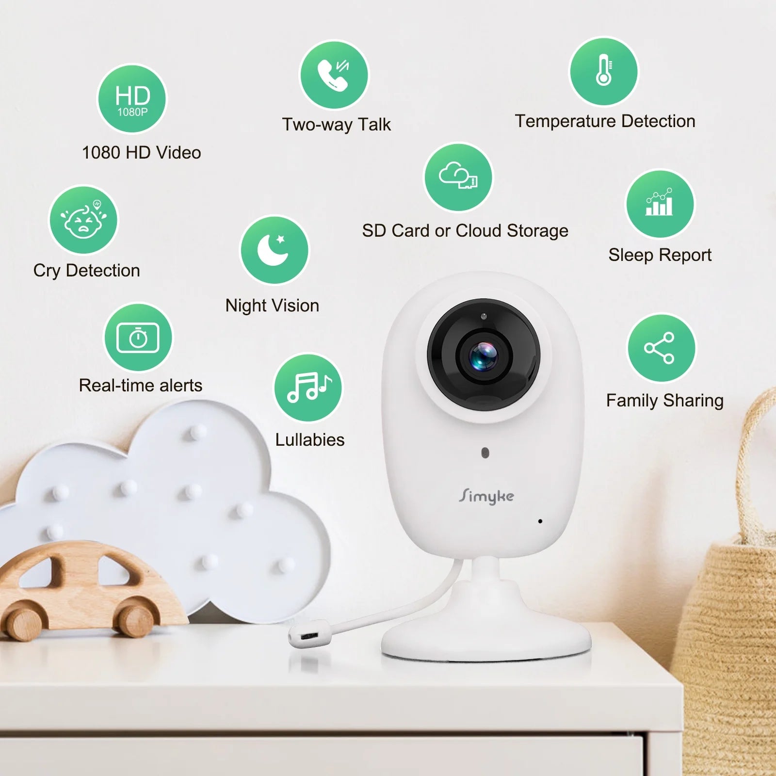Smart Video Baby Monitor,1080P Baby Room Camera, APP Control,Wifi On/Off Switch,Ai Detection, Cry Monitor and Lullabies, HD Night Vision, Two-Way Audio, Cloud & SD Card Storage