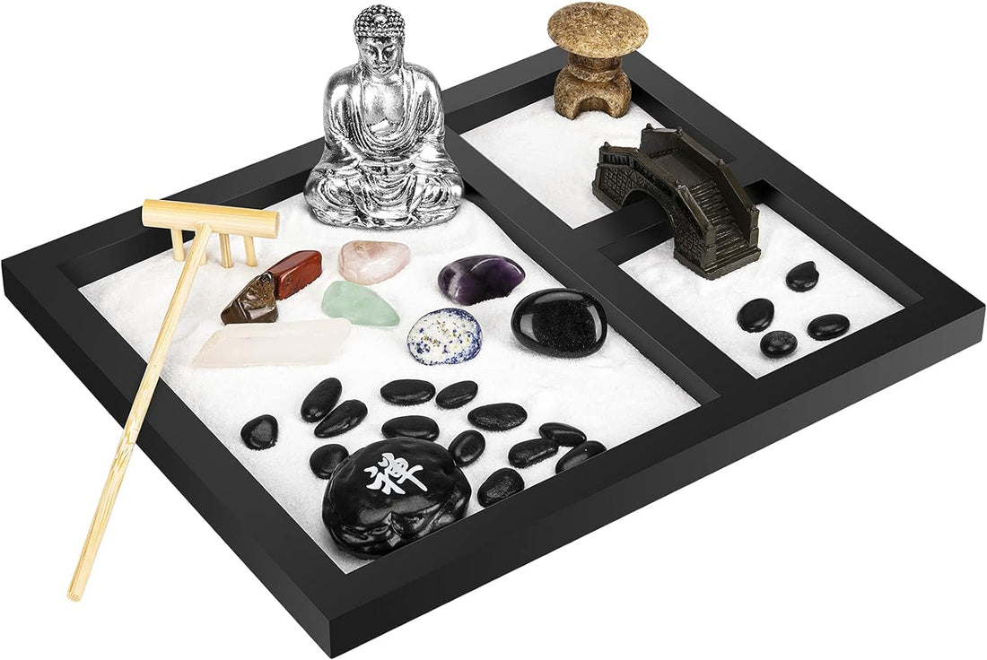 Mini Japanese Desktop Zen Garden,Buddha,Table Décor Kit with Chakra Stones,Sand Tray Play Kit for Kids, Adults, Office - Desk Sand Box Gift Set with Natural Sand, Wooden Tray, Lid, Rakes