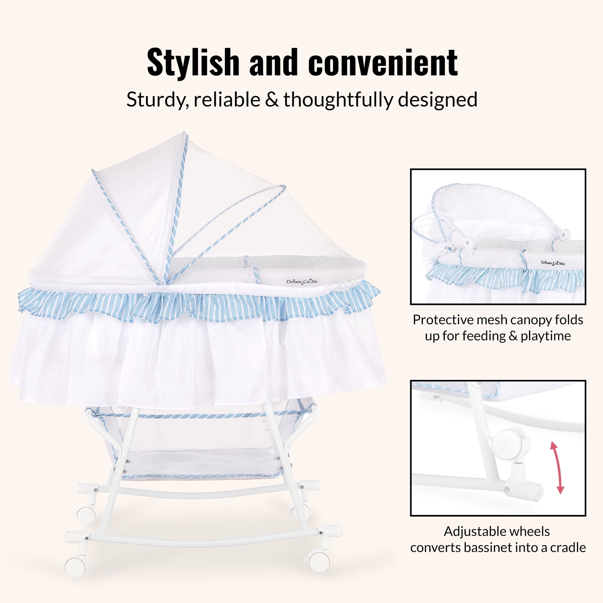 Lacy Portable 2-In-1 Bassinet & Cradle in Blue and White, Lightweight Baby Bassinet