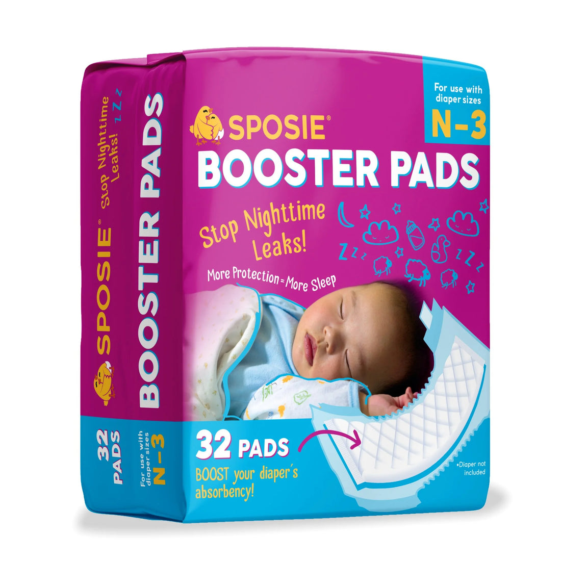 Booster Pads, Stop Overnight Diaper Leaks, Fits Sizes Newborn 1 2 3, No Adhesive, 32 Ct.
