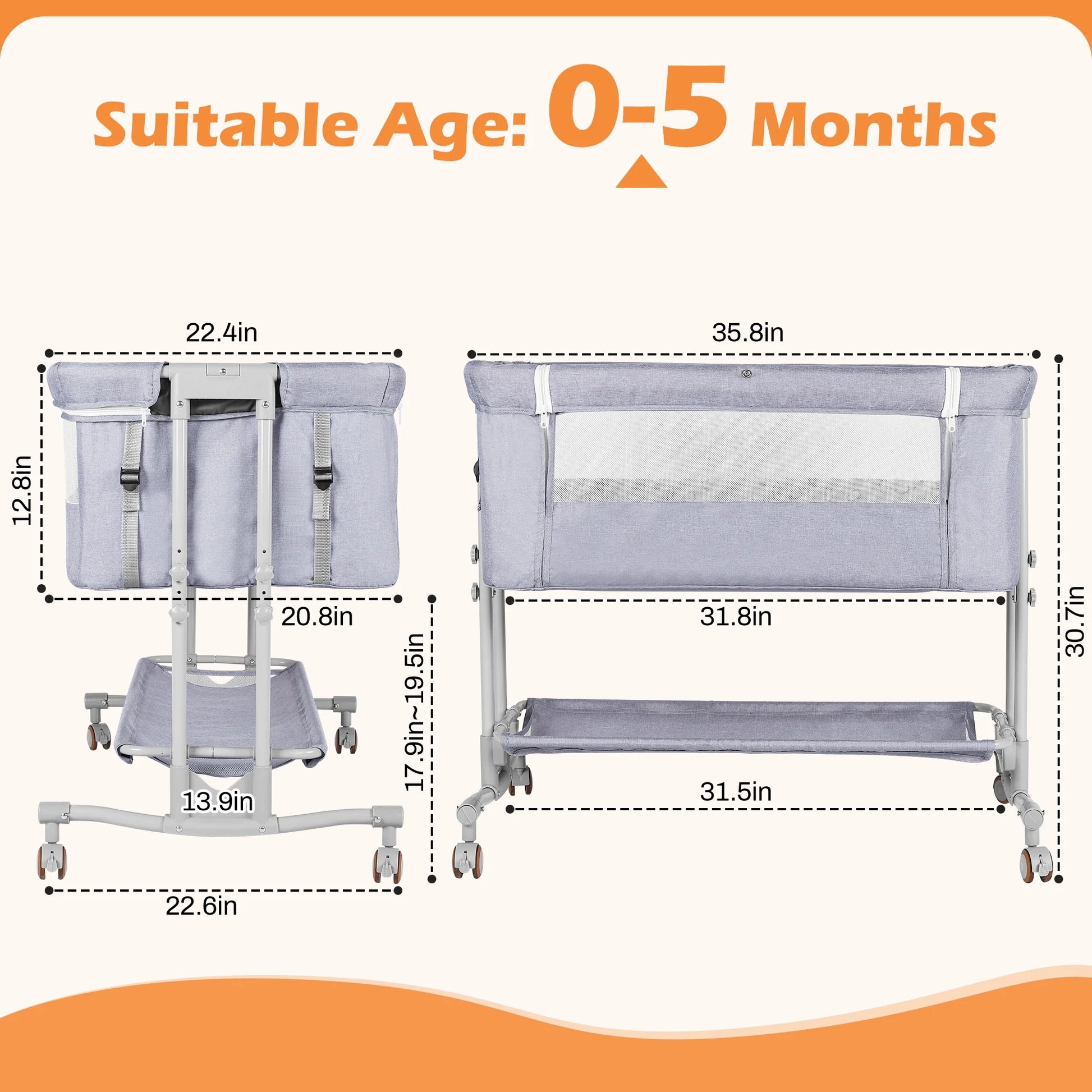 Baby Bassinet Bedside Sleeper Bassinet for 0–5 Months Infants, Unisex, Light Grey