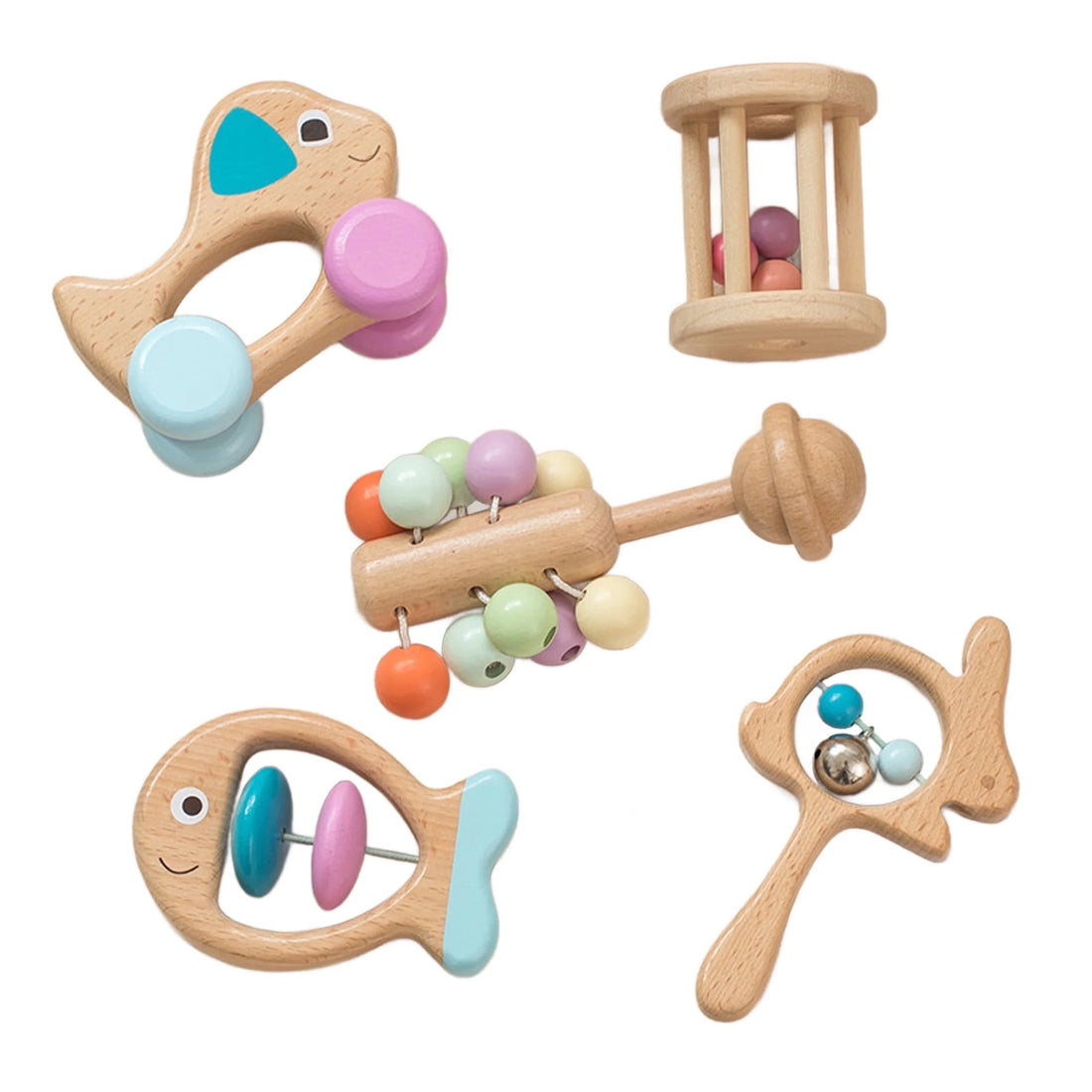 Montessori Wooden Rattle Toy Set for Infant Baby Boys Girls 0-6 Months,Montessori Baby Toys 6-12 Months,Toddler Development Toys,Baby Sensory Toy,Set of 5,Baby Shower Gifts