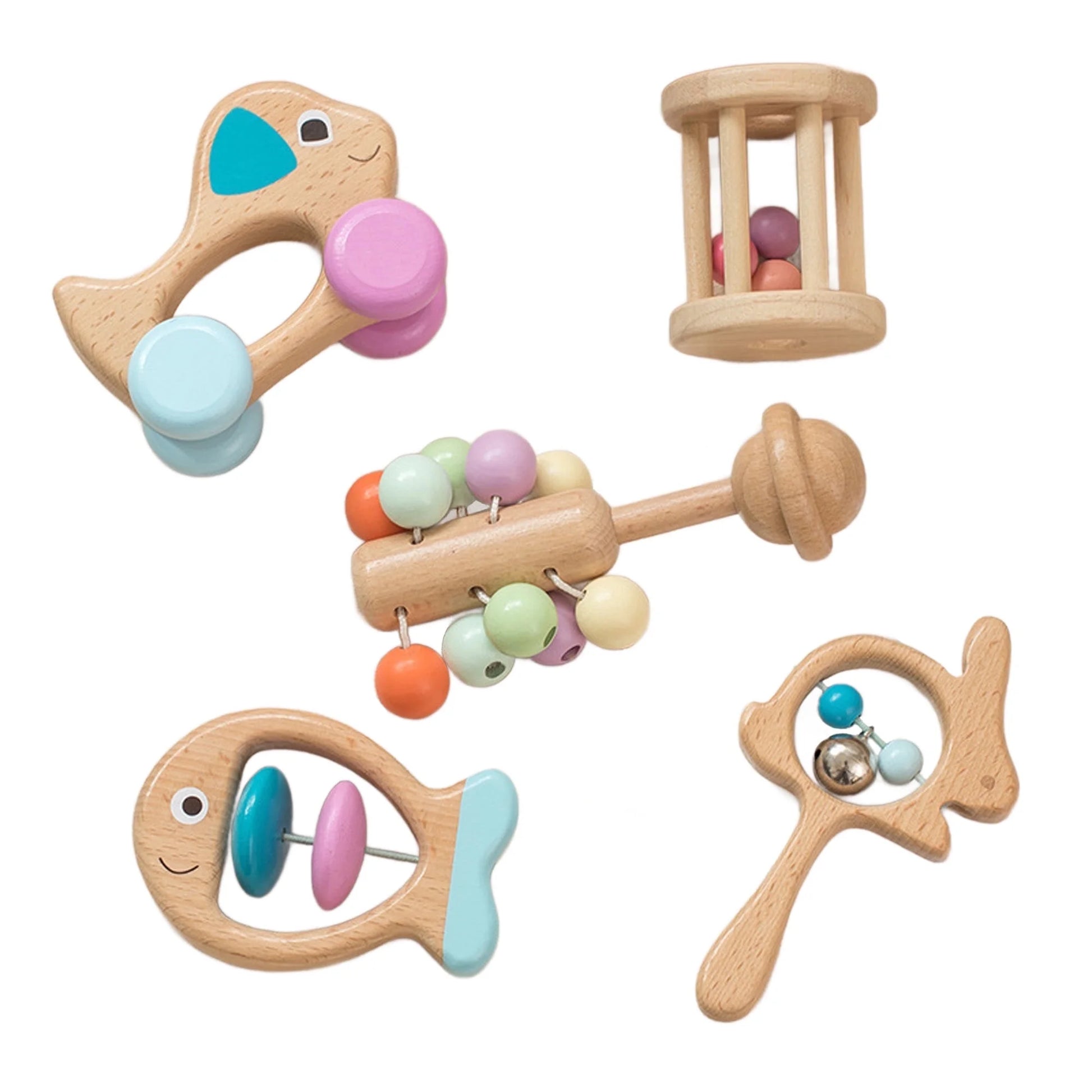 Montessori Wooden Rattle Toy Set for Infant Baby Boys Girls 0-6 Months,Montessori Baby Toys 6-12 Months,Toddler Development Toys,Baby Sensory Toy,Set of 5,Baby Shower Gifts