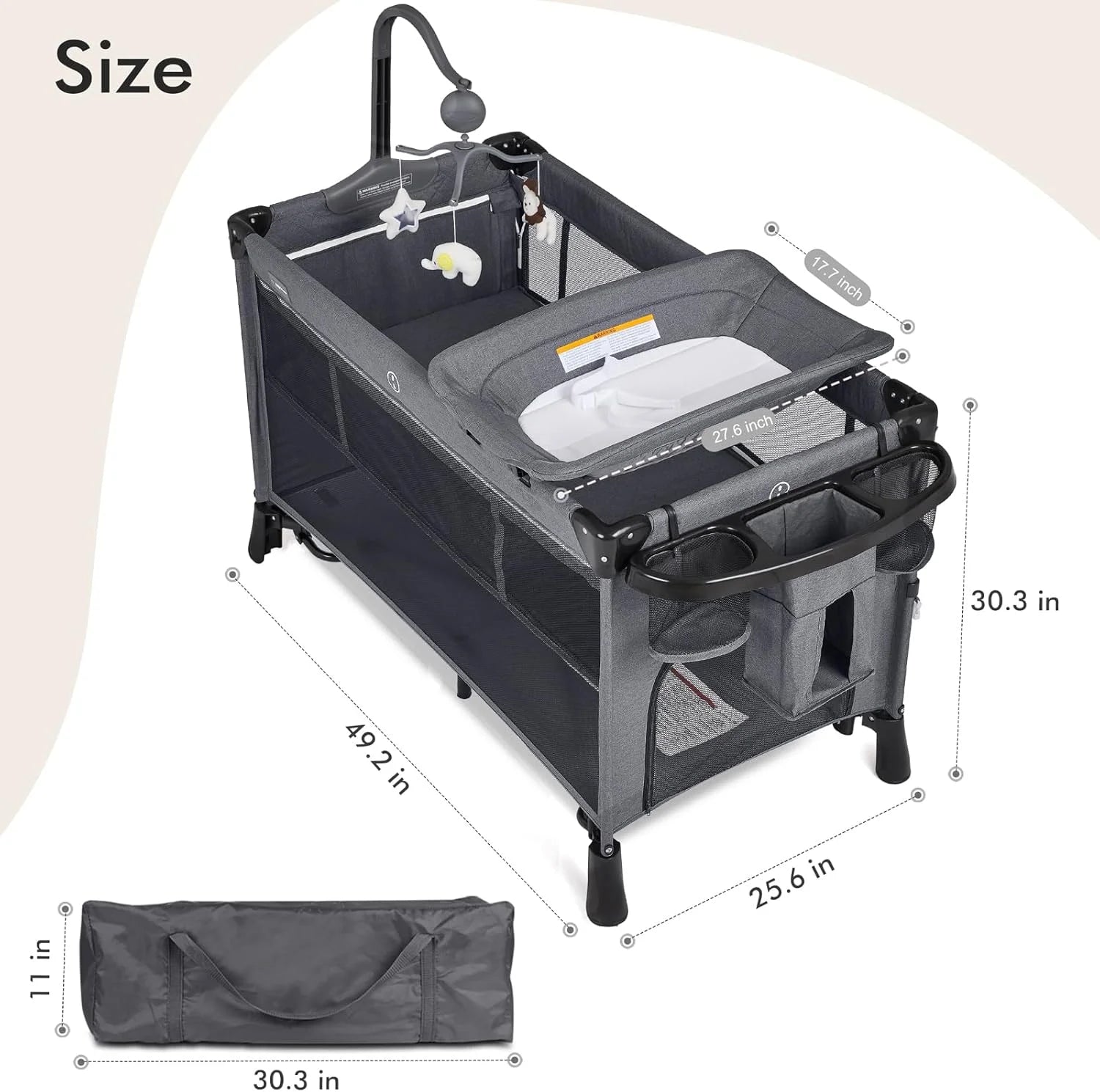 5 in 1 Baby Bassinet Bedside Crib, Rocking Bassinet with Diaper Changer, Pack and Play with Bassinet, Portable Folding Playpen Playard with Mobile, Sheet & Mattress(Grey)