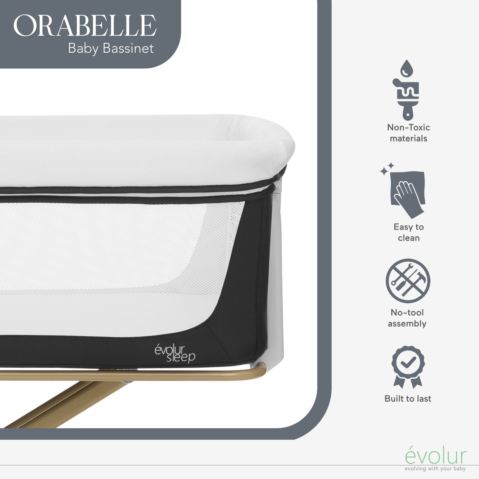 Orabelle Bedside Bassinet and Sleeper for Baby in Black, Easy to Fold and Carry in Black