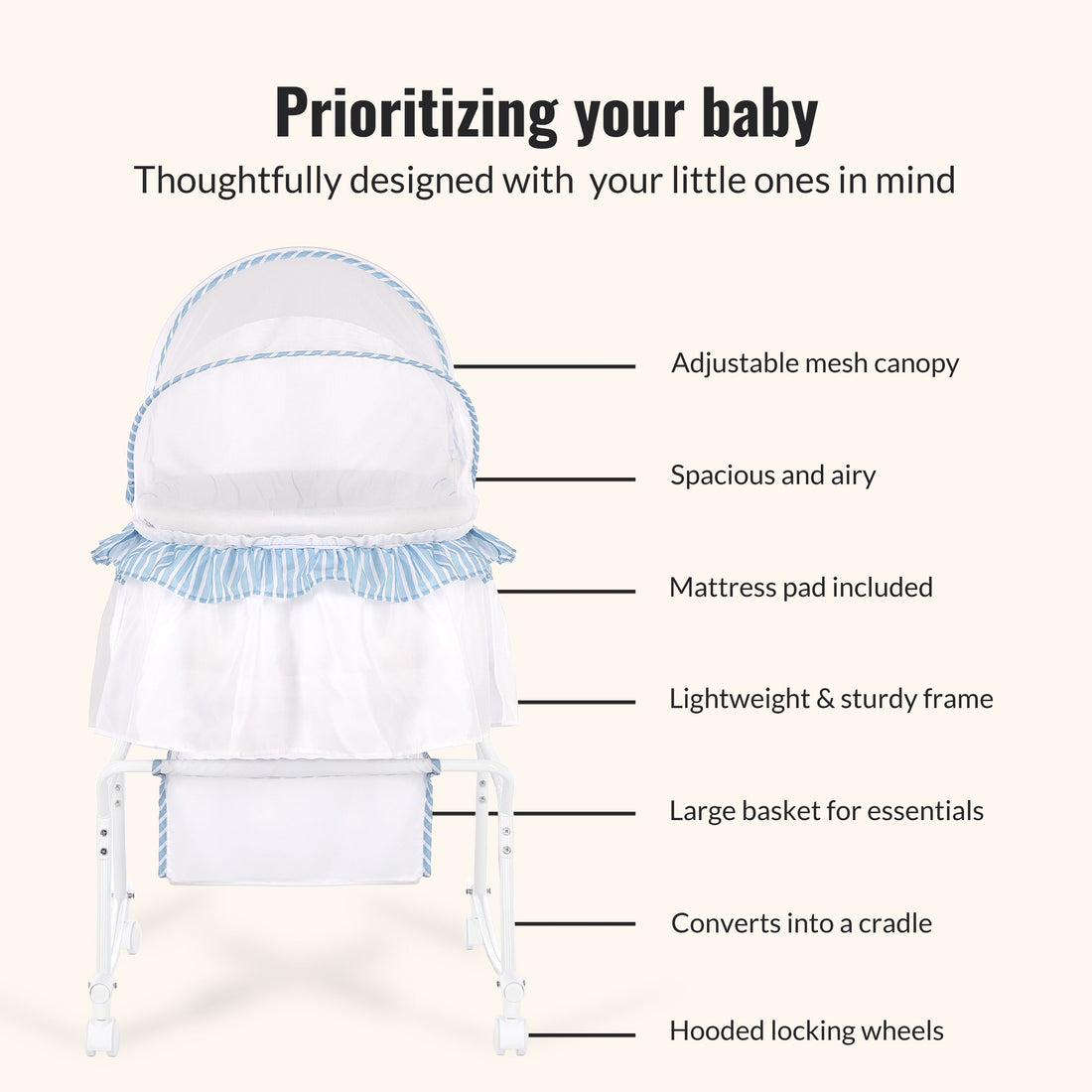 Lacy Portable 2-In-1 Bassinet & Cradle in Blue and White, Lightweight Baby Bassinet
