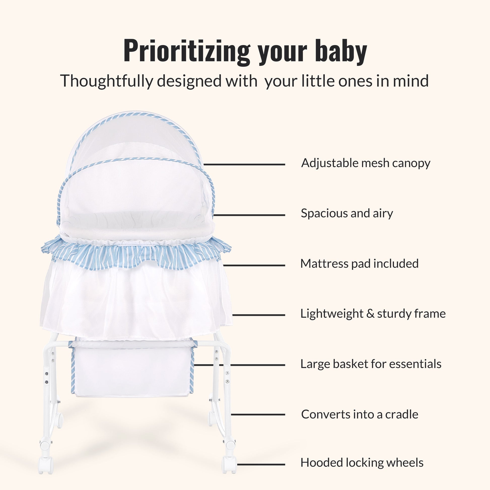 Lacy Portable 2-In-1 Bassinet & Cradle in Blue and White, Lightweight Baby Bassinet