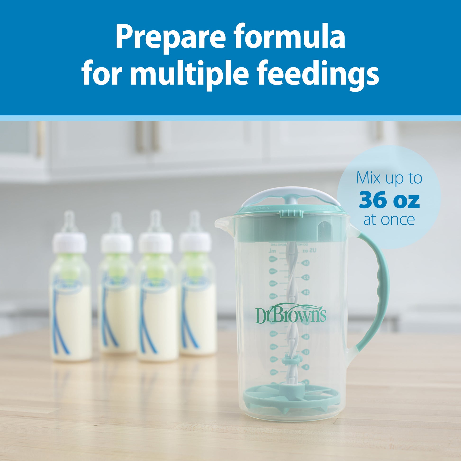 Baby Formula Mixing Pitcher, Adjustable Stopper/Locking Lid/No-Drip Spout, Blue 36Oz, 1 Pack