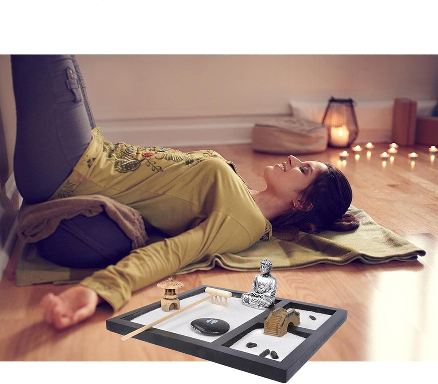 Mini Japanese Desktop Zen Garden,Buddha,Table Décor Kit with Chakra Stones,Sand Tray Play Kit for Kids, Adults, Office - Desk Sand Box Gift Set with Natural Sand, Wooden Tray, Lid, Rakes